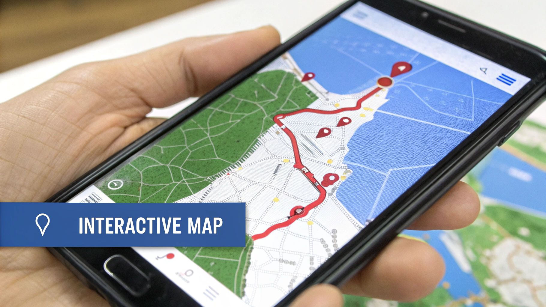 A person holds a smartphone showing an interactive map with a red route and multiple location pins.