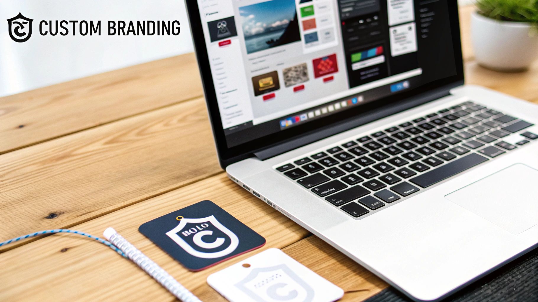 A laptop displaying custom branding design, with branded tags and a pencil on a wooden desk.