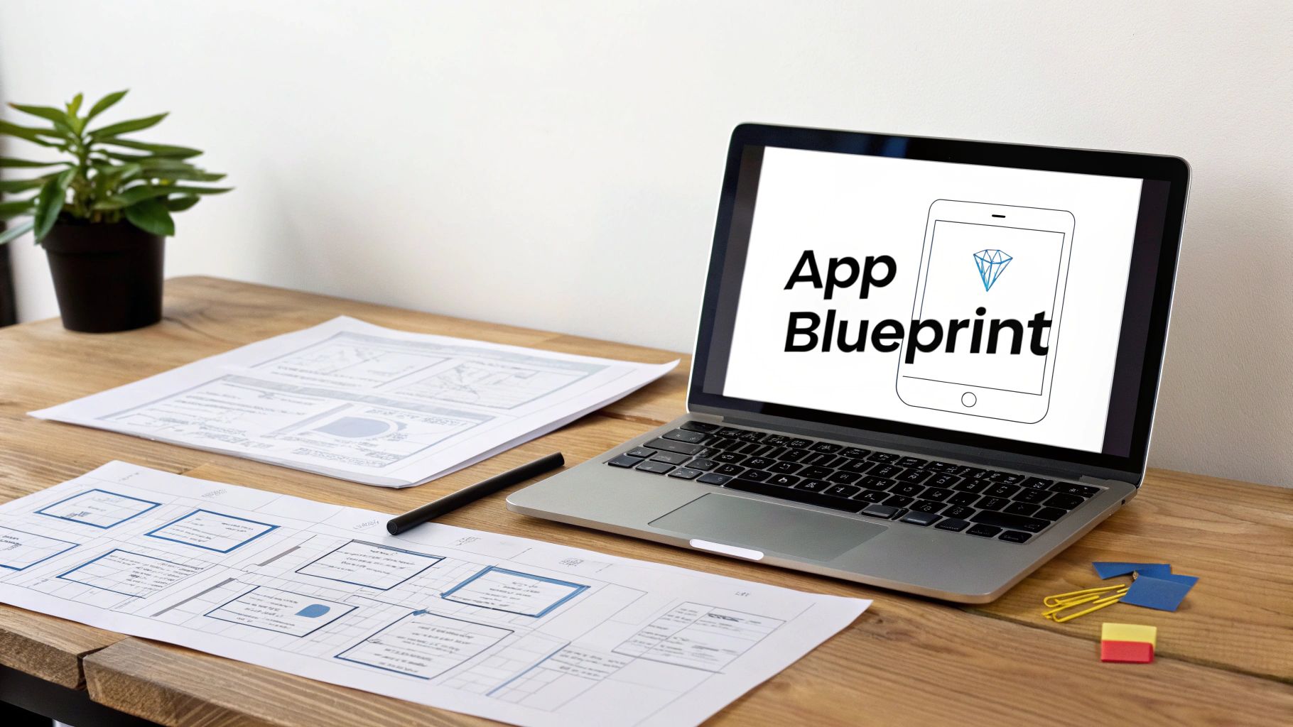 A desk with a laptop displaying 'App Blueprint' and documents showing app wireframes.