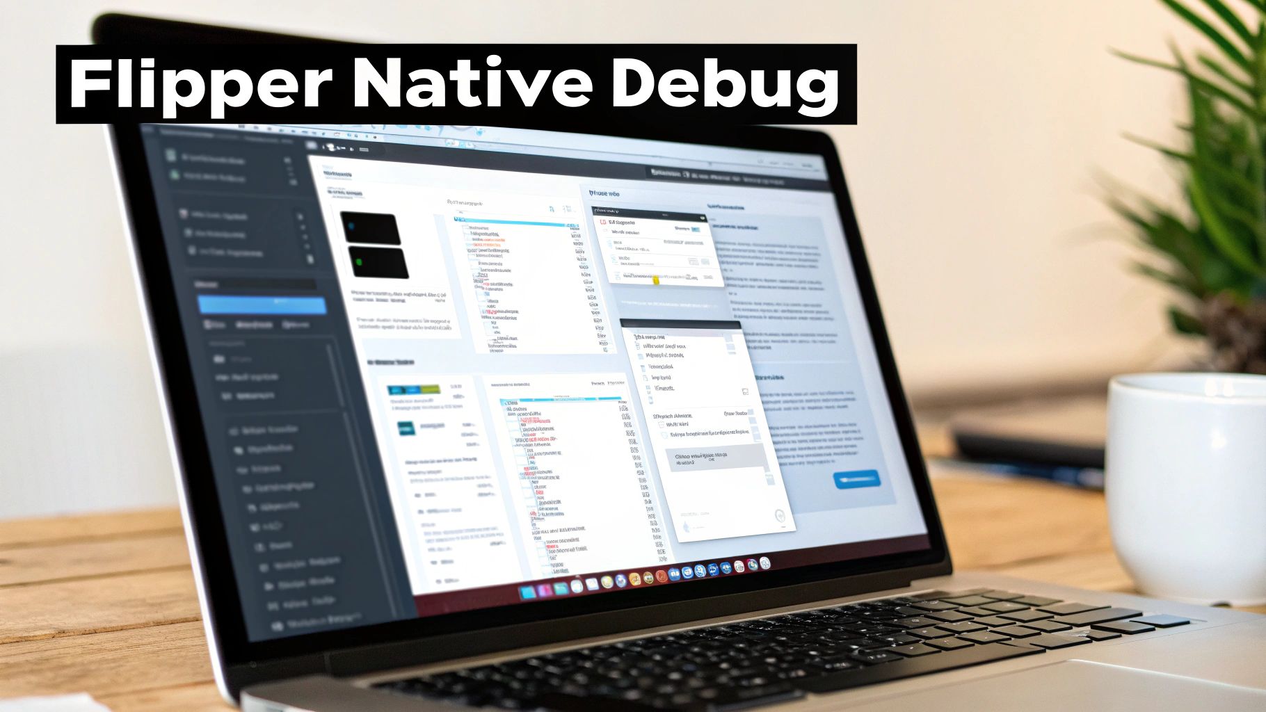 A laptop screen showing the Flipper debugging tool interface for native applications with overlaid text 'Flipper Native Debug'.