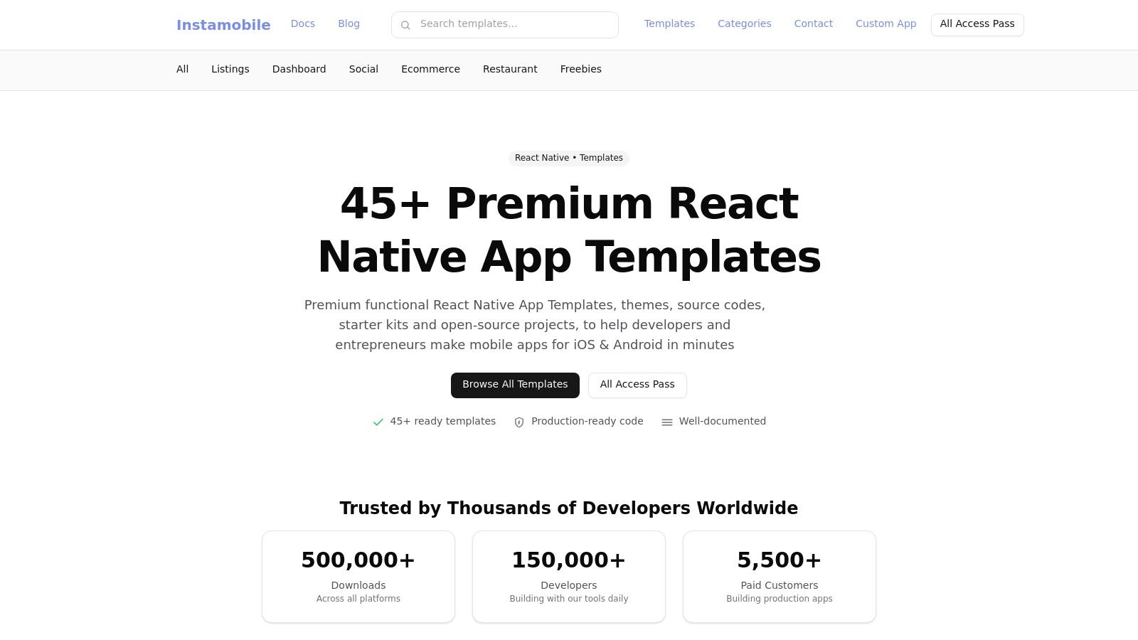 Instamobile homepage showcasing various app templates for different industries.
