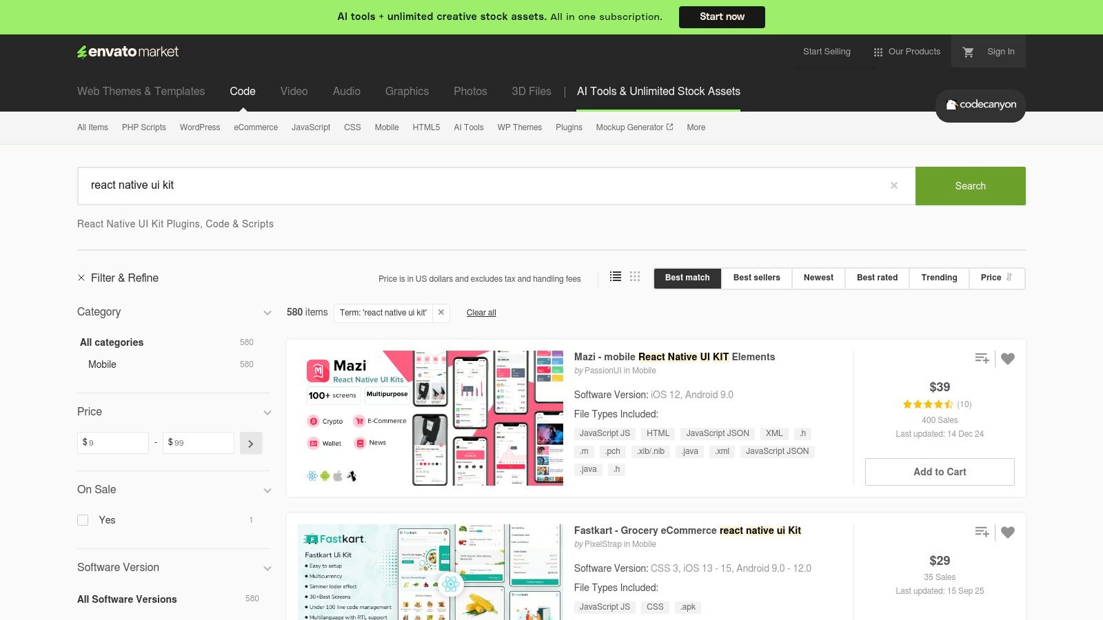 CodeCanyon (Envato Market) – React Native UI Kits/Templates
