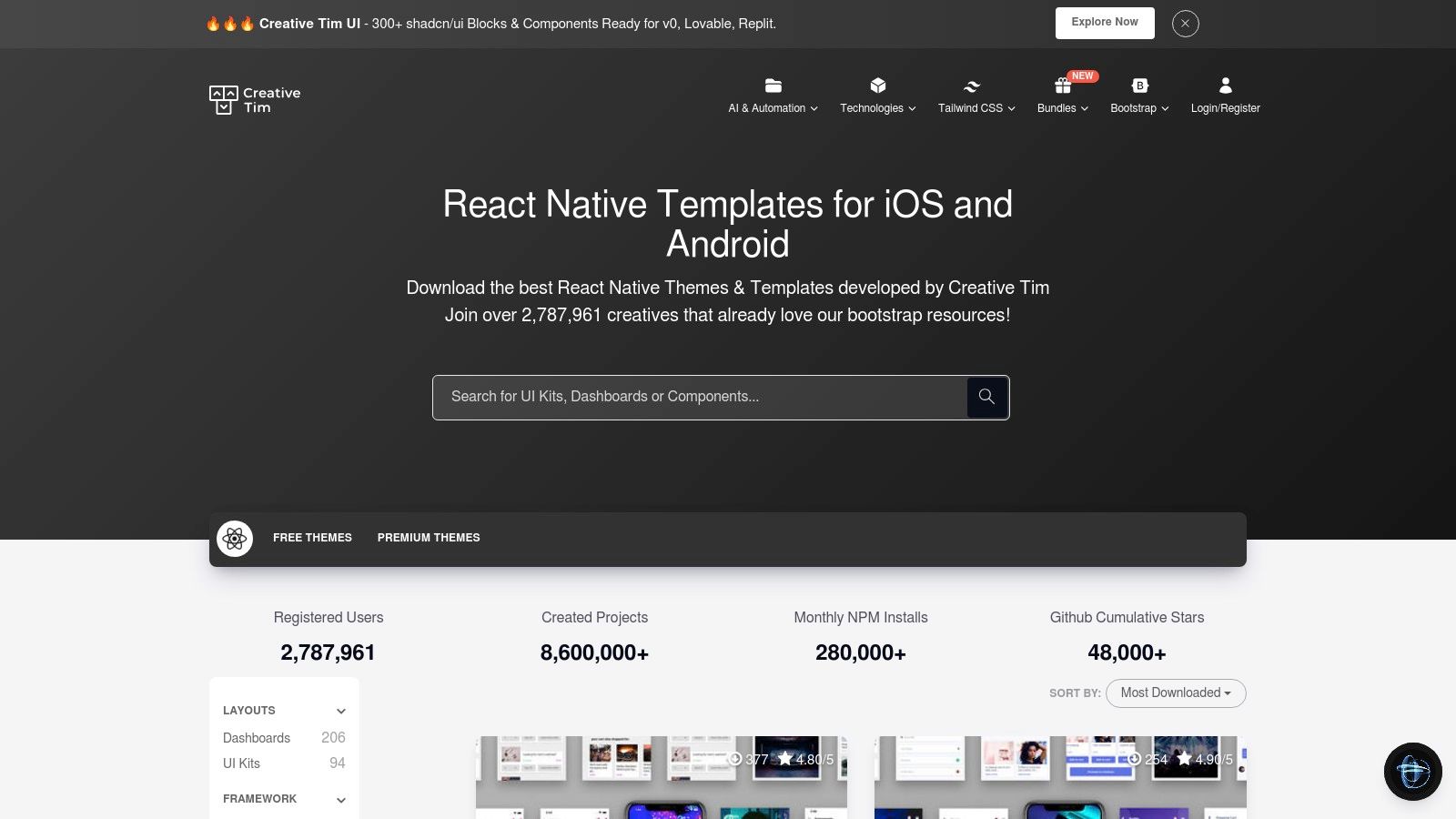 Creative Tim showcasing a React Native UI kit with various screens and components.