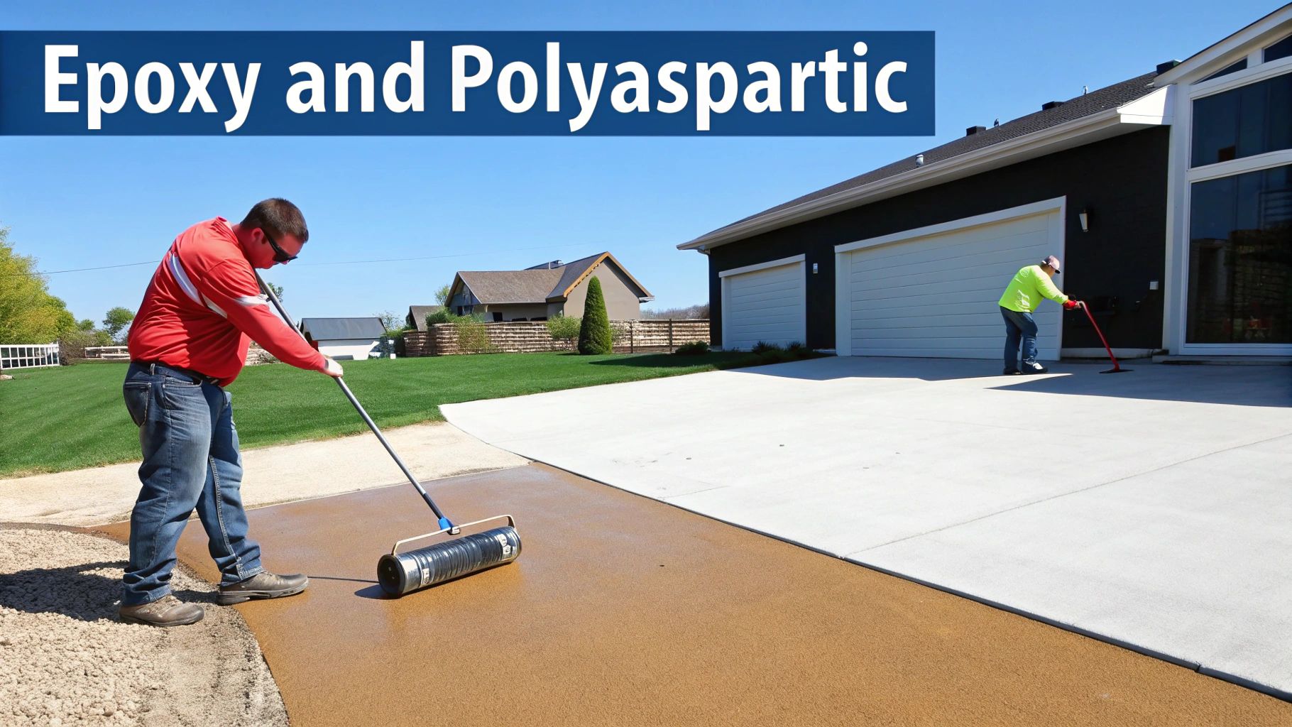 Two workers apply epoxy or polyaspartic coatings to a residential driveway, enhancing its appearance and durability.