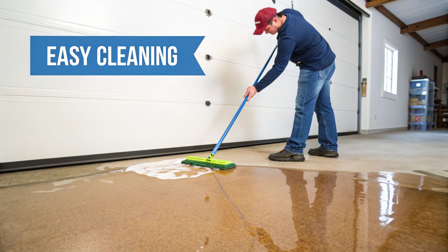 A man in a red cap and jeans uses a squeegee to clean a wet garage floor, with 'EASY CLEANING' text.