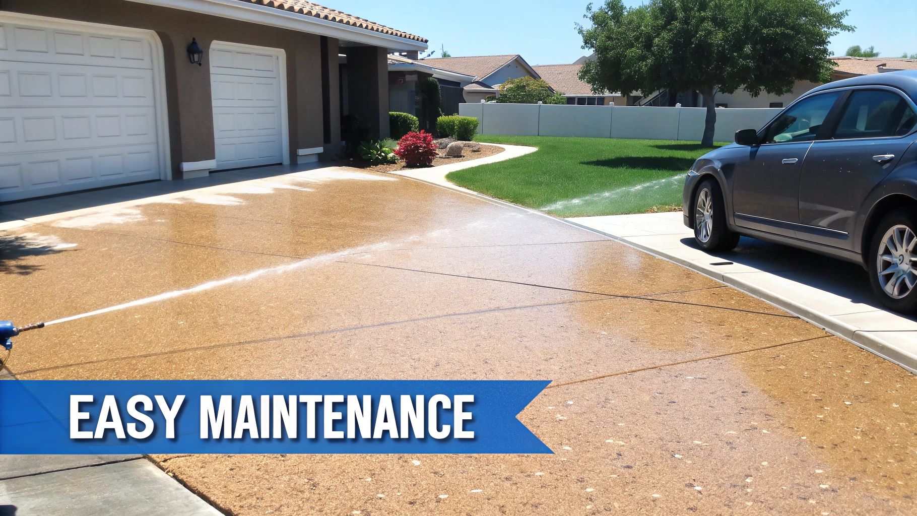 A person power washing a speckled brown driveway in front of a house, showcasing easy maintenance.