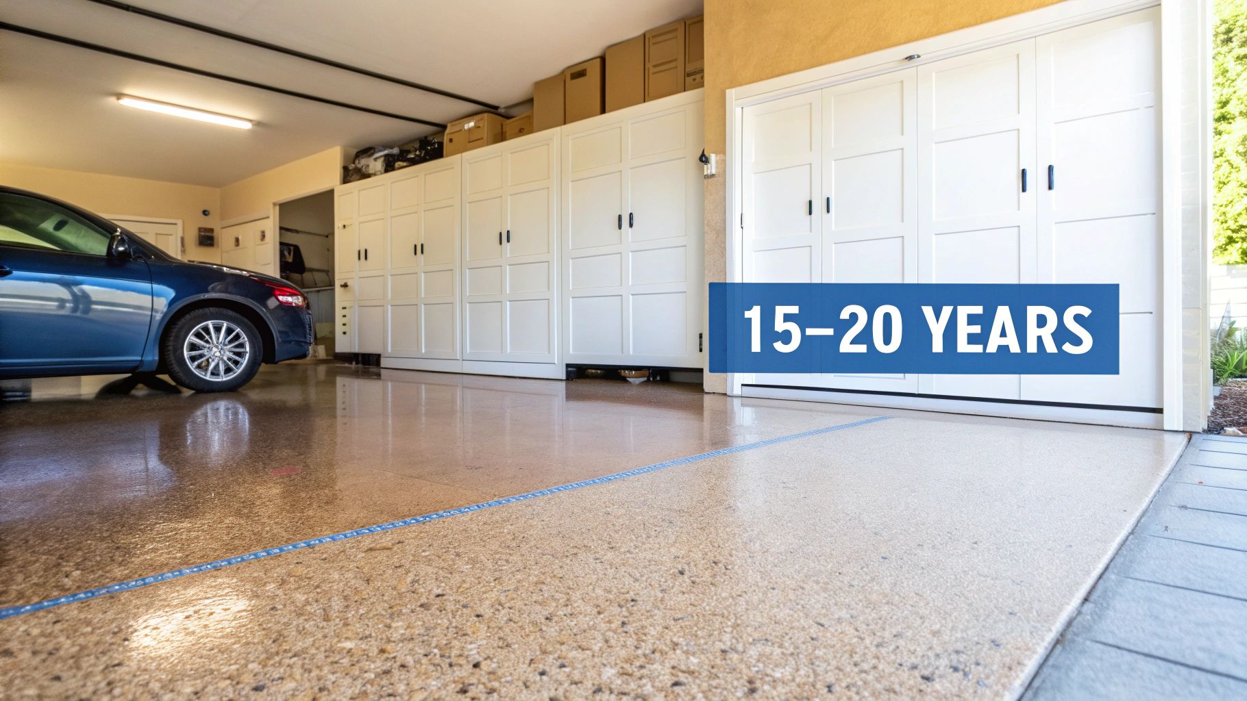 Bright garage interior featuring a blue car, white storage cabinets, and a durable epoxy floor with a '15-20 YEARS' overlay.