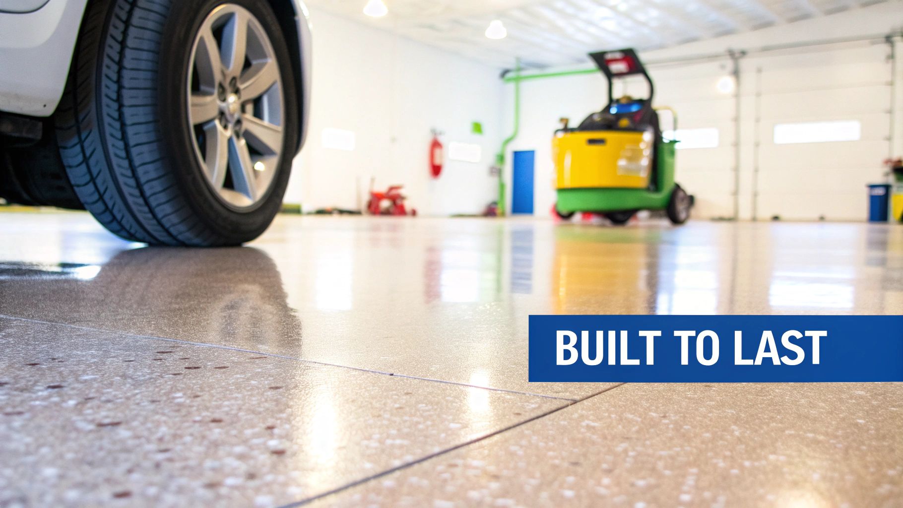 Durable, shiny speckled garage floor with a car tire and industrial cleaning machine, built to last.