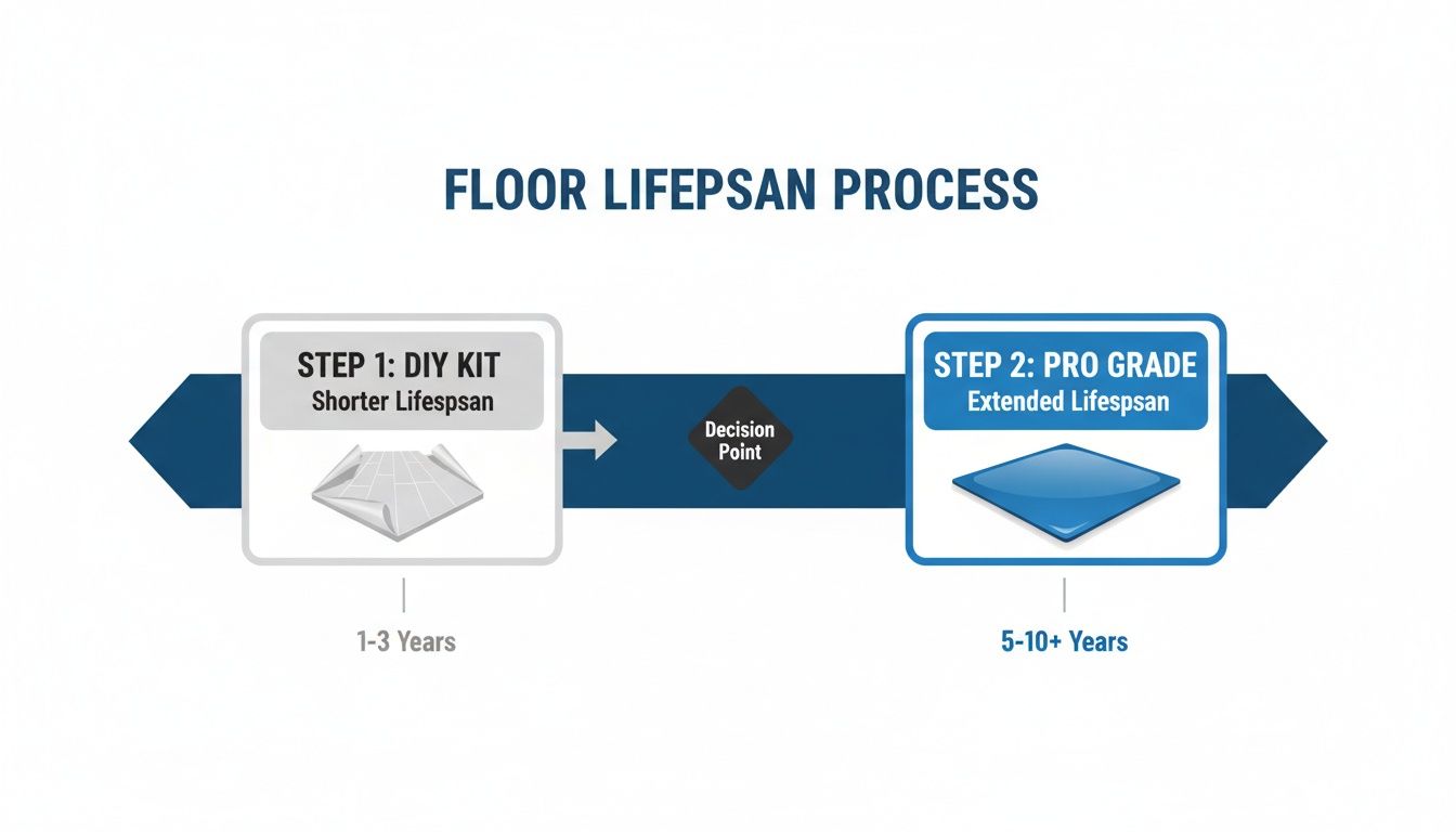 Diagram illustrating the floor lifespan process, comparing DIY kits (1-3 years) with pro-grade options (5-10+ years).