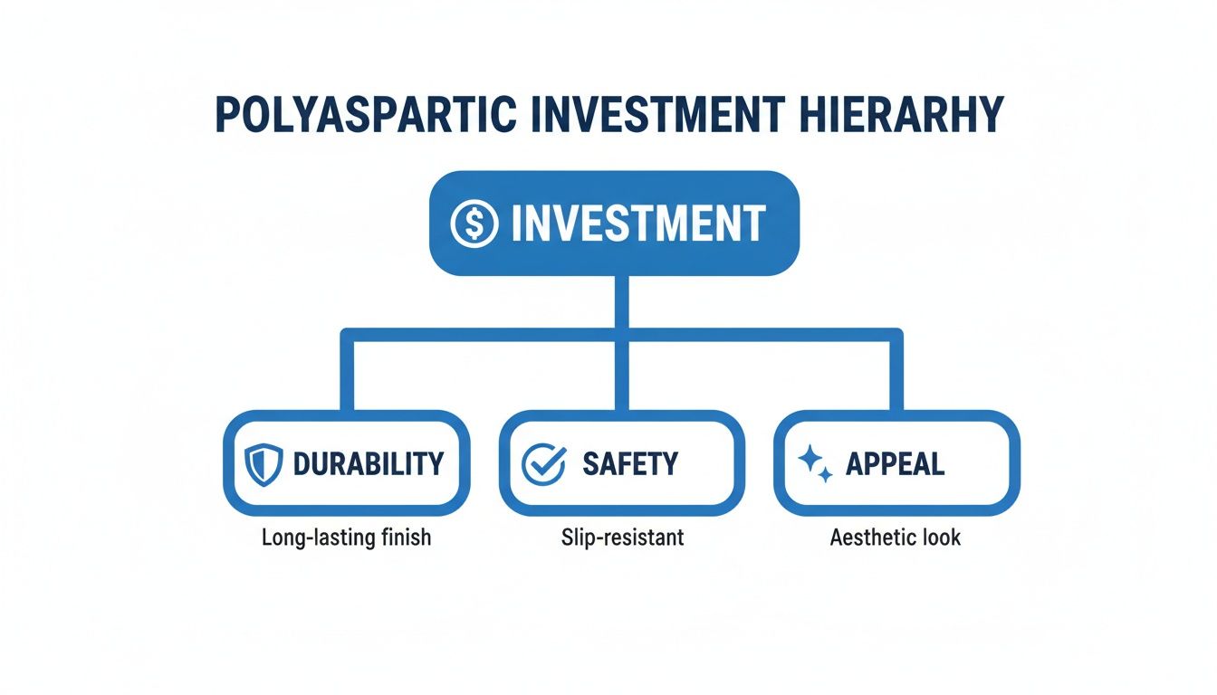 A diagram illustrating the polyaspartic investment hierarchy, highlighting durability, safety, and appeal.