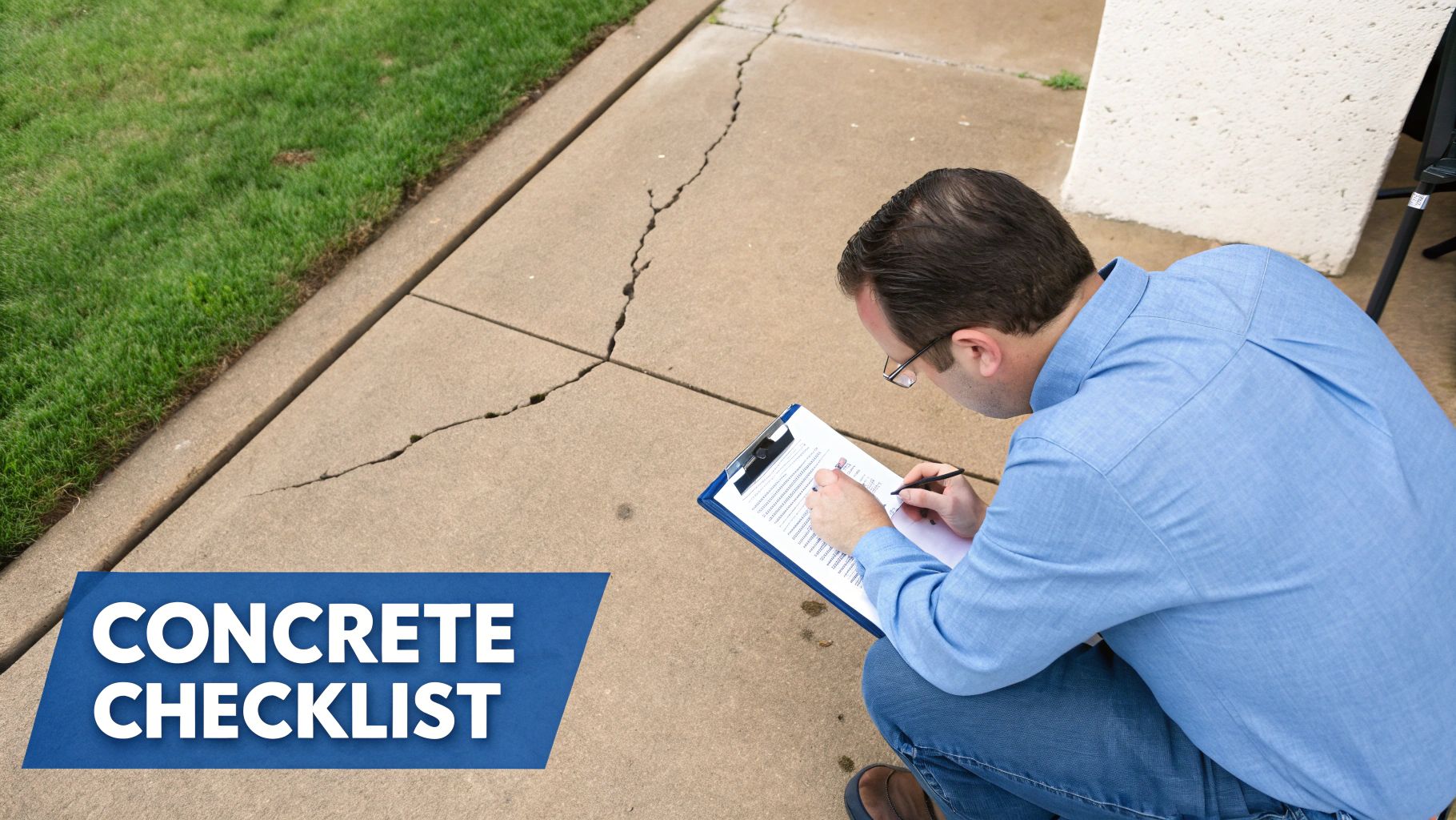 A man inspects a cracked concrete sidewalk and writes on a clipboard with a 'Concrete Checklist' overlay.