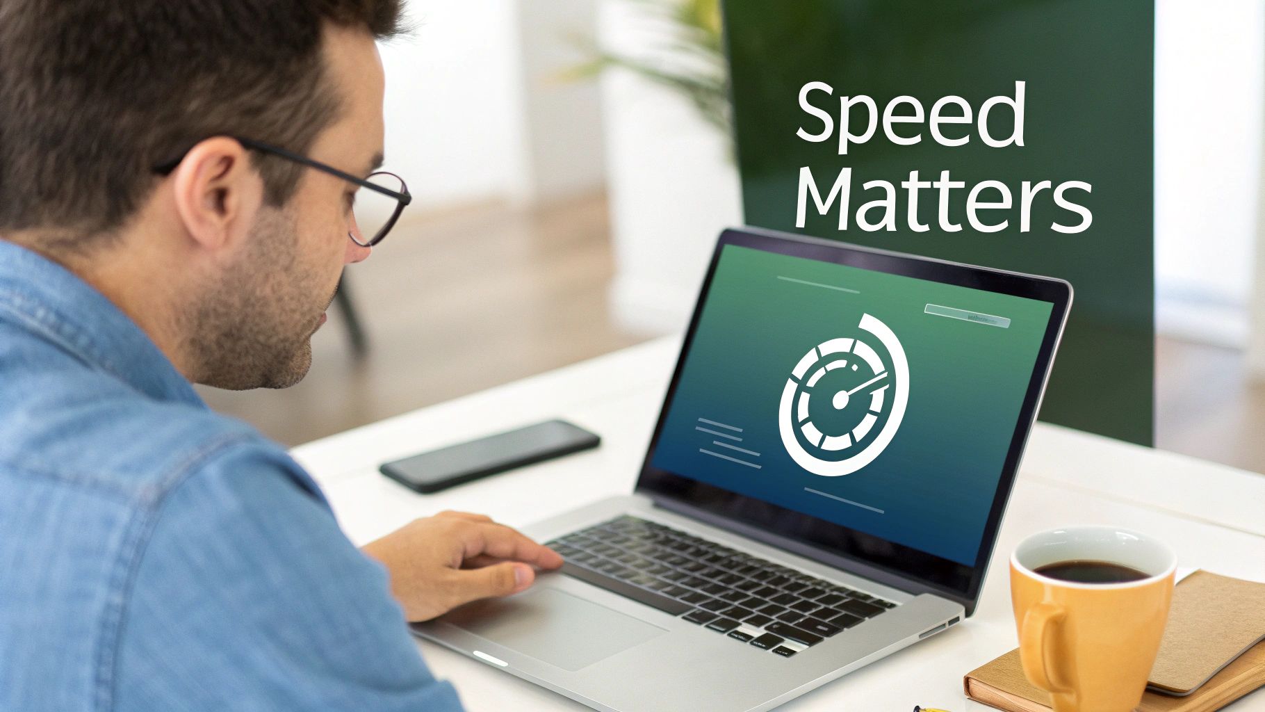 A man focused on a laptop screen displaying a speed gauge and 'Speed Matters' text.