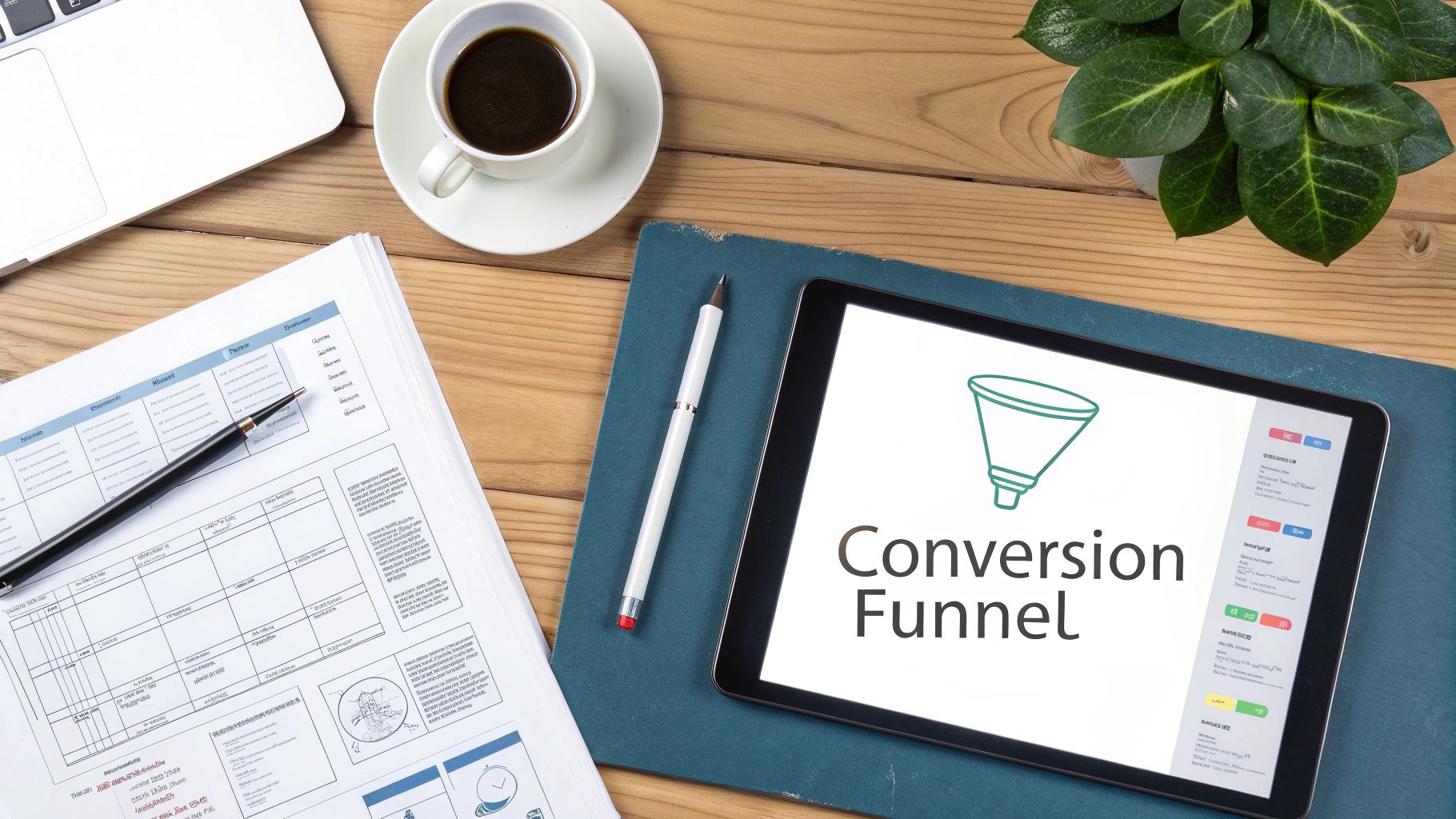 Overhead view of a desk with a tablet showing 'Conversion Funnel' along with a laptop and coffee.
