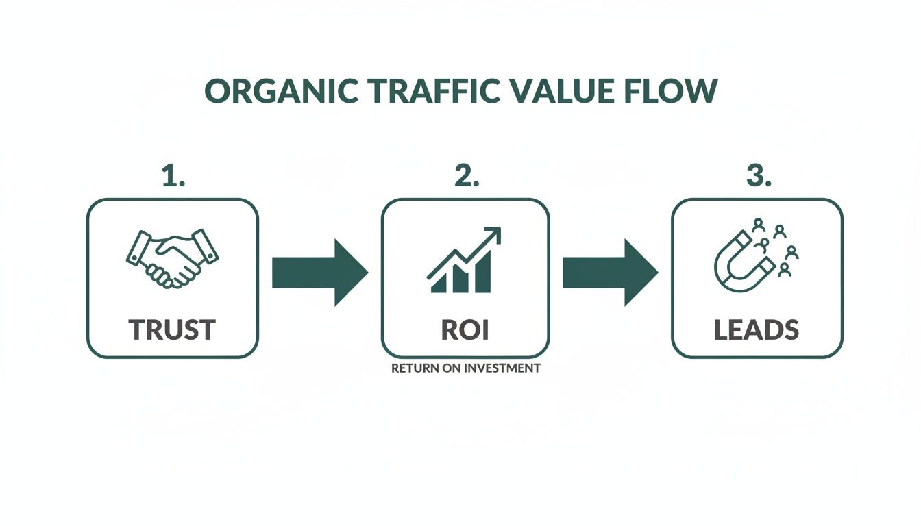 Flowchart illustrating organic traffic value flow, showing trust leading to ROI and ultimately to leads.