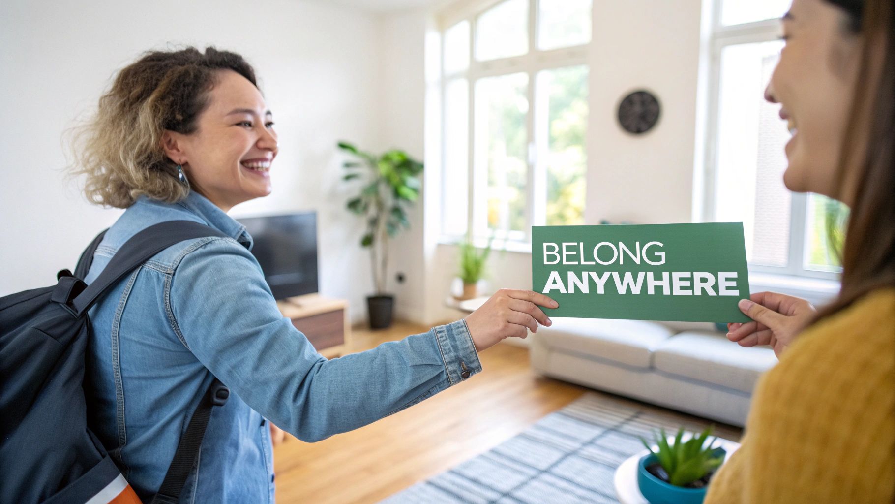 A smiling woman with a backpack receives a 'BELONG ANYWHERE' sign from another person.