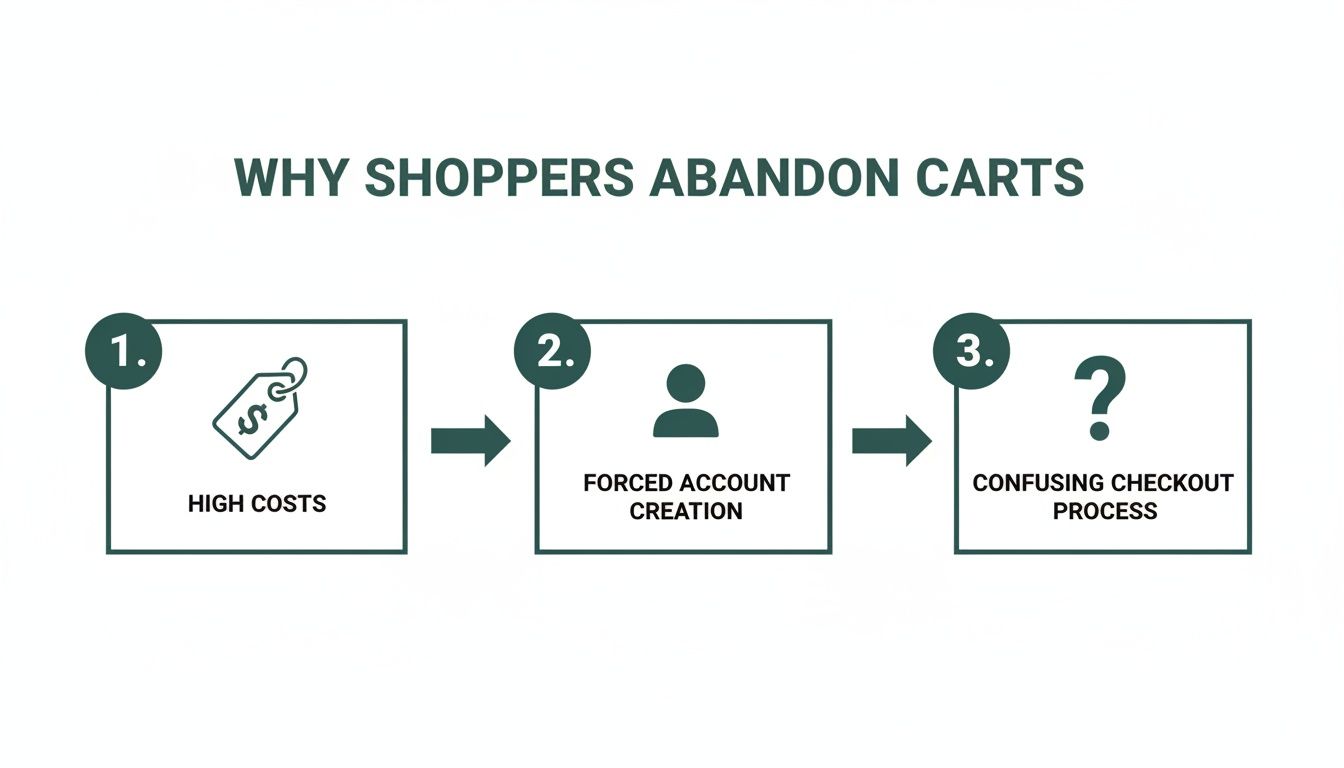 Infographic illustrating three main reasons why shoppers abandon carts: high costs, forced account creation, and a confusing checkout process.