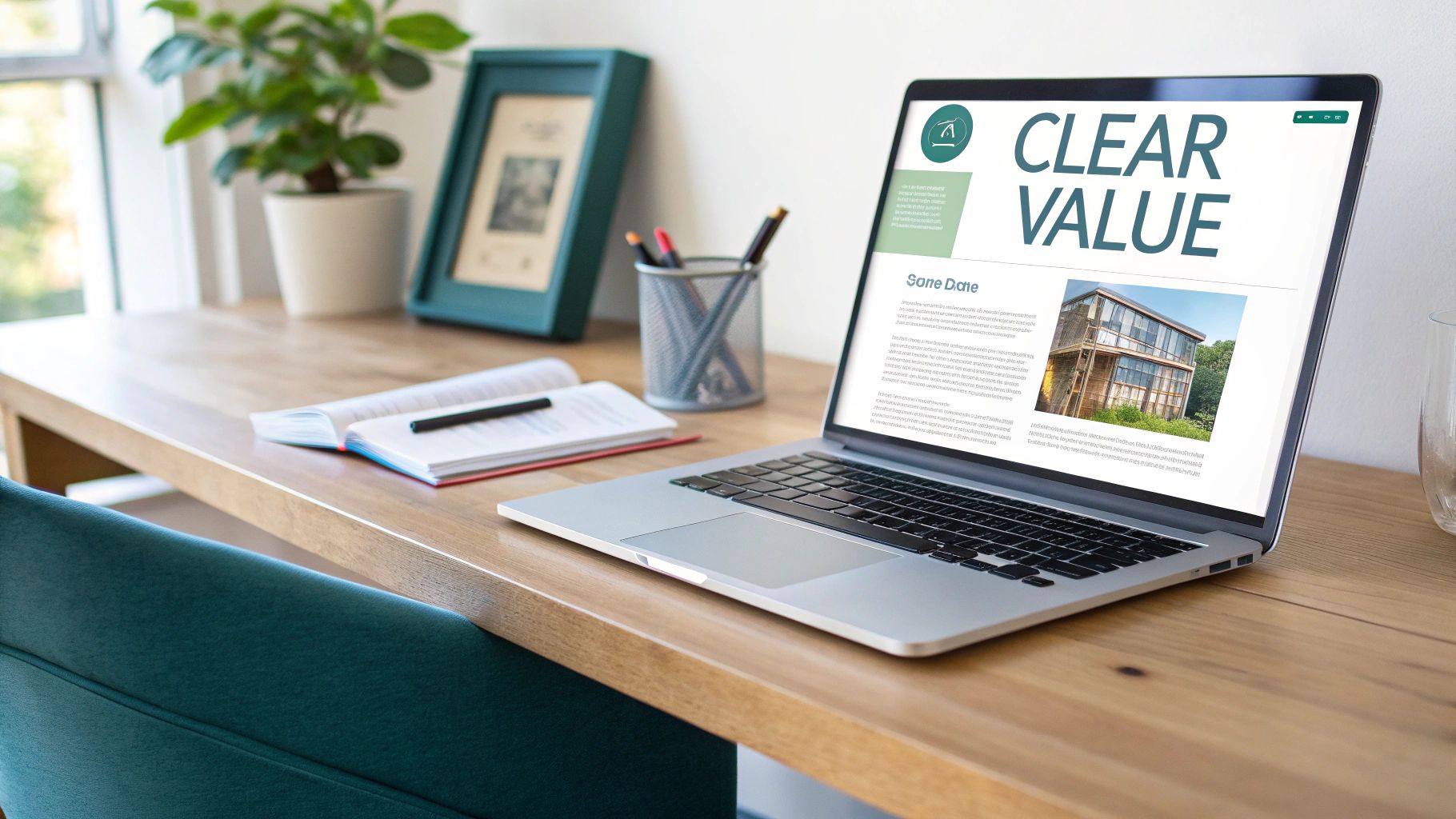 A modern workspace with a laptop showing "CLEAR VALUE" on a screen, next to a plant and notebook.