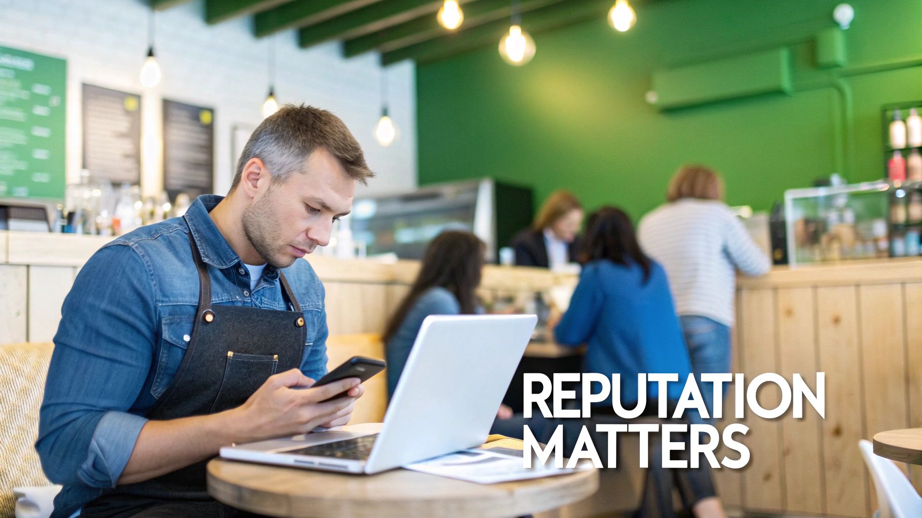 A cafe owner uses his phone and laptop in his establishment, with 'REPUTATION MATTERS' text.