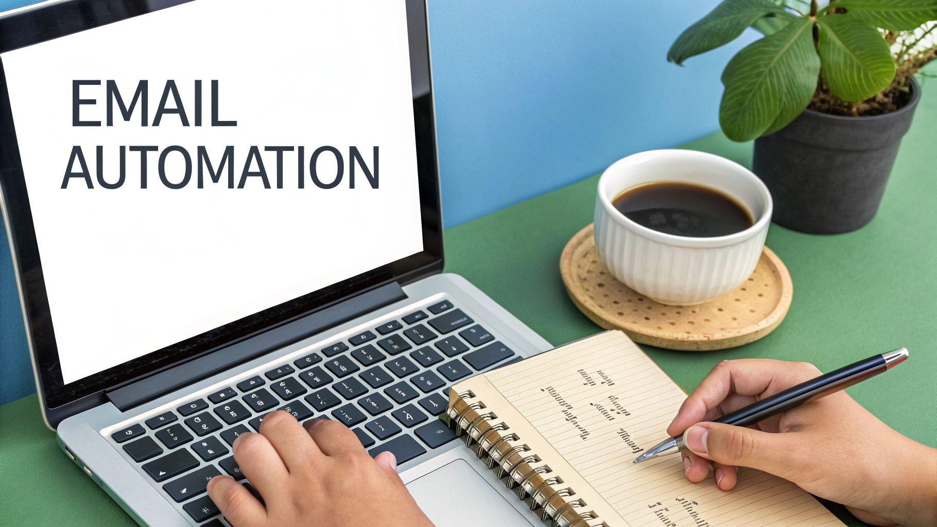 A person types on a laptop screen displaying 'EMAIL AUTOMATION', with a notebook, pen, and coffee nearby.