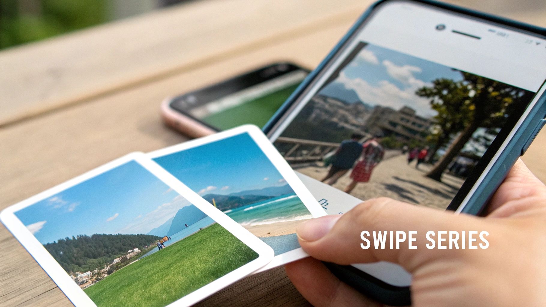 A hand holds a smartphone displaying an image, alongside several physical photo cards on a wooden surface.