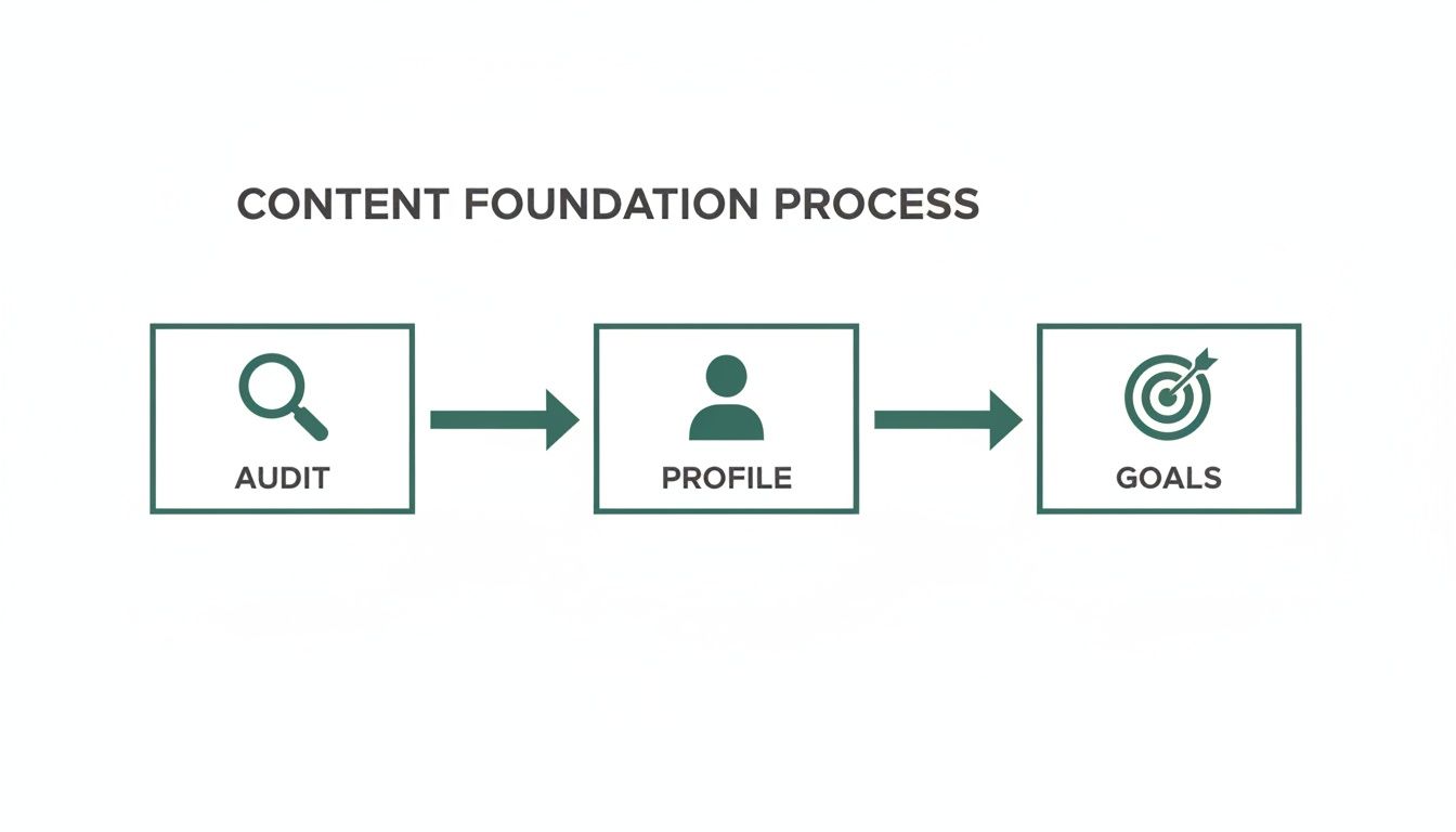 A flowchart outlining the Content Foundation Process: Audit, Profile, and Goals.