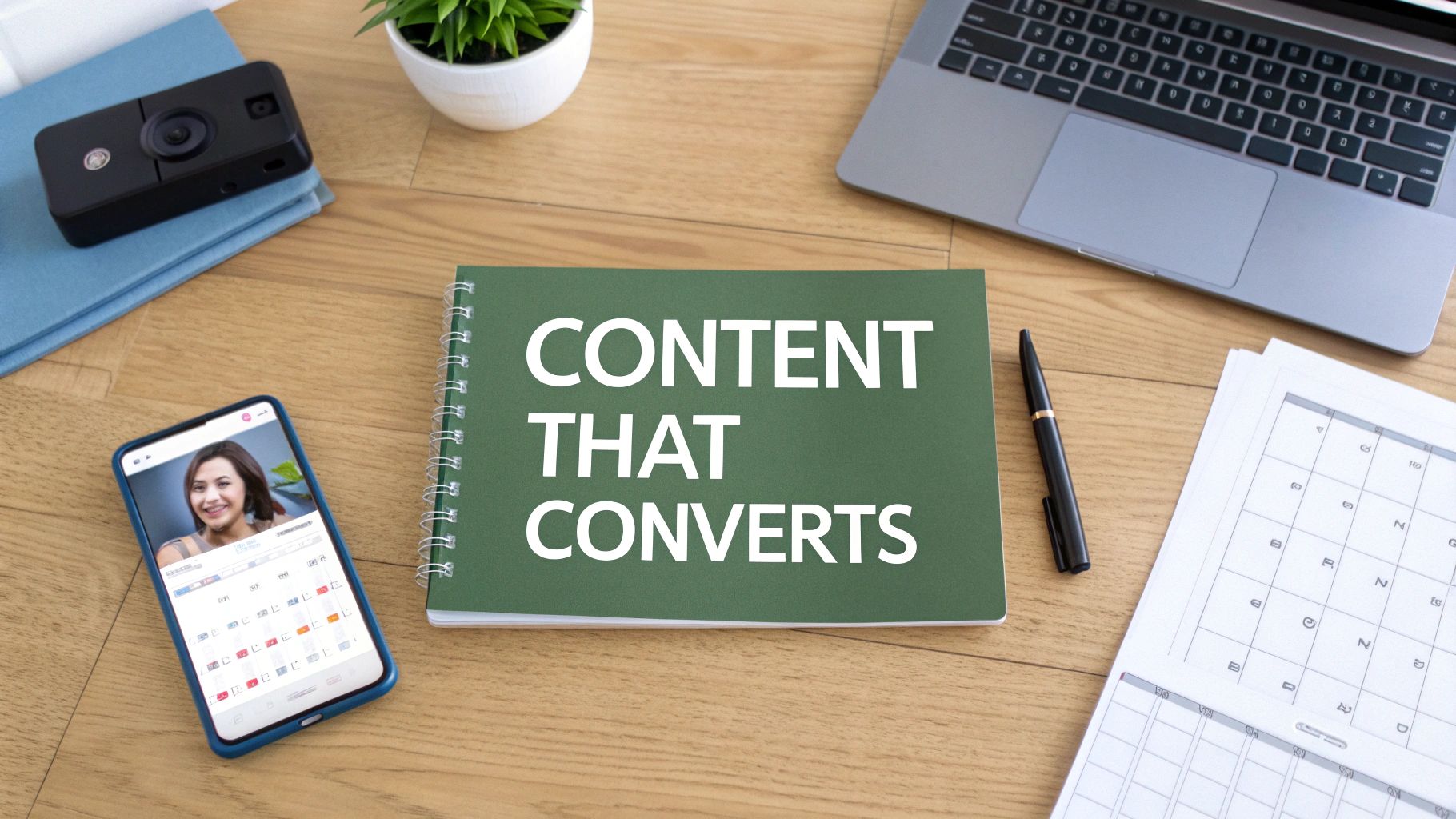 A desk flat lay with a notebook saying 'CONTENT THAT CONVERTS', laptop, phone, camera, and calendar.