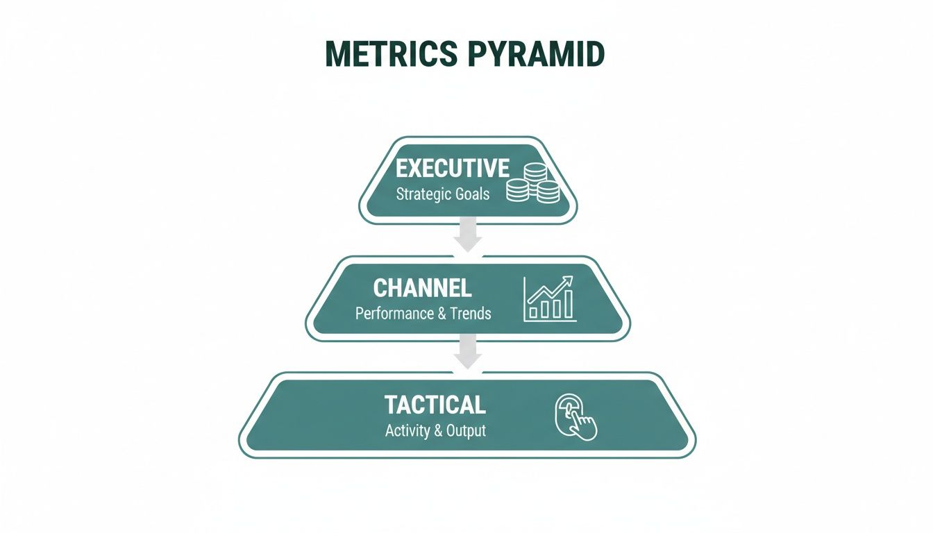 A metrics pyramid illustrating executive strategic goals, channel performance, and tactical activity.