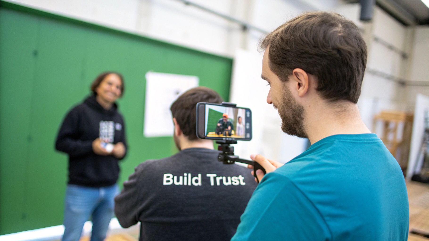 A man films another person wearing a 'Build Trust' shirt with a smartphone on a gimbal.