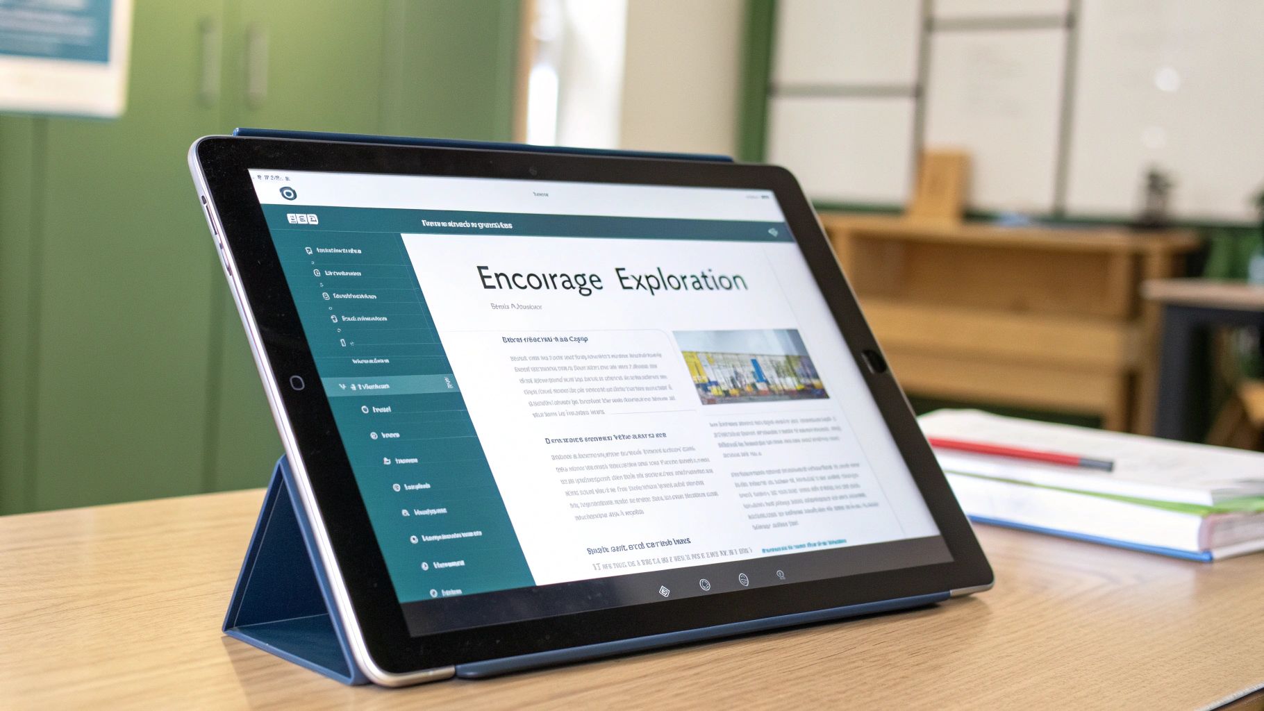 A digital tablet displaying a document titled 'Encourage Exploration' on a wooden desk.