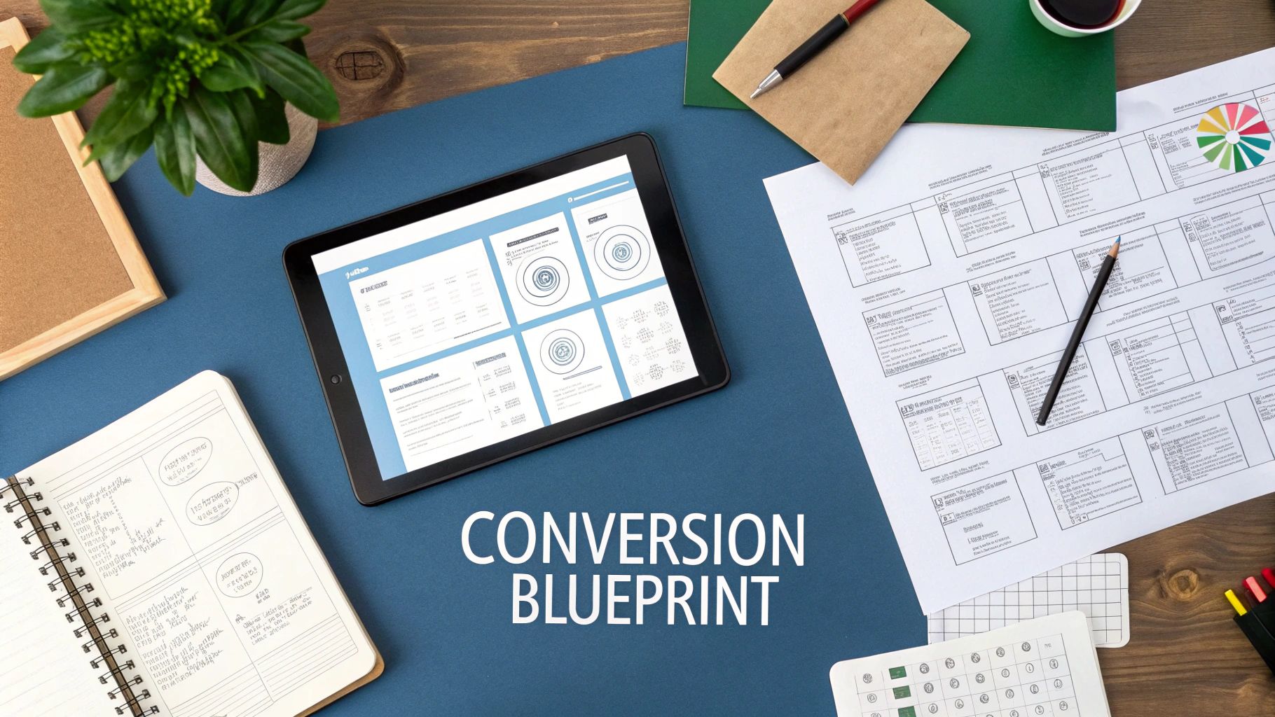 A flat lay of a conversion blueprint workspace with a tablet displaying charts, documents, and a notebook.