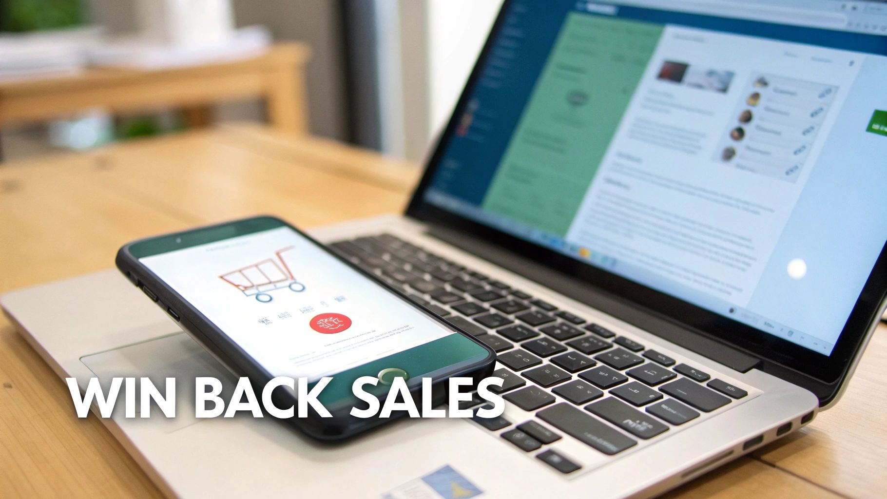 A smartphone showing a shopping cart icon rests on a laptop keyboard, symbolizing online sales and cart recovery.