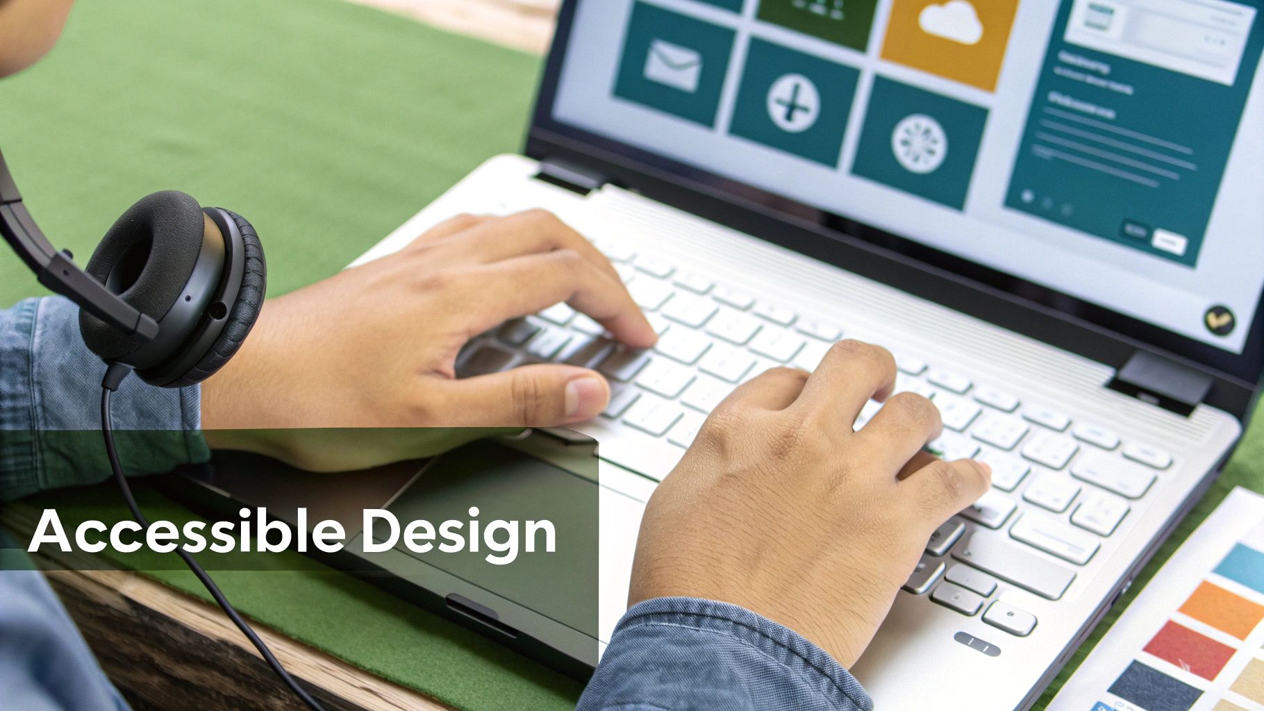 A person wearing headphones types on a laptop, with 'Accessible Design' text on the image, showcasing digital work.