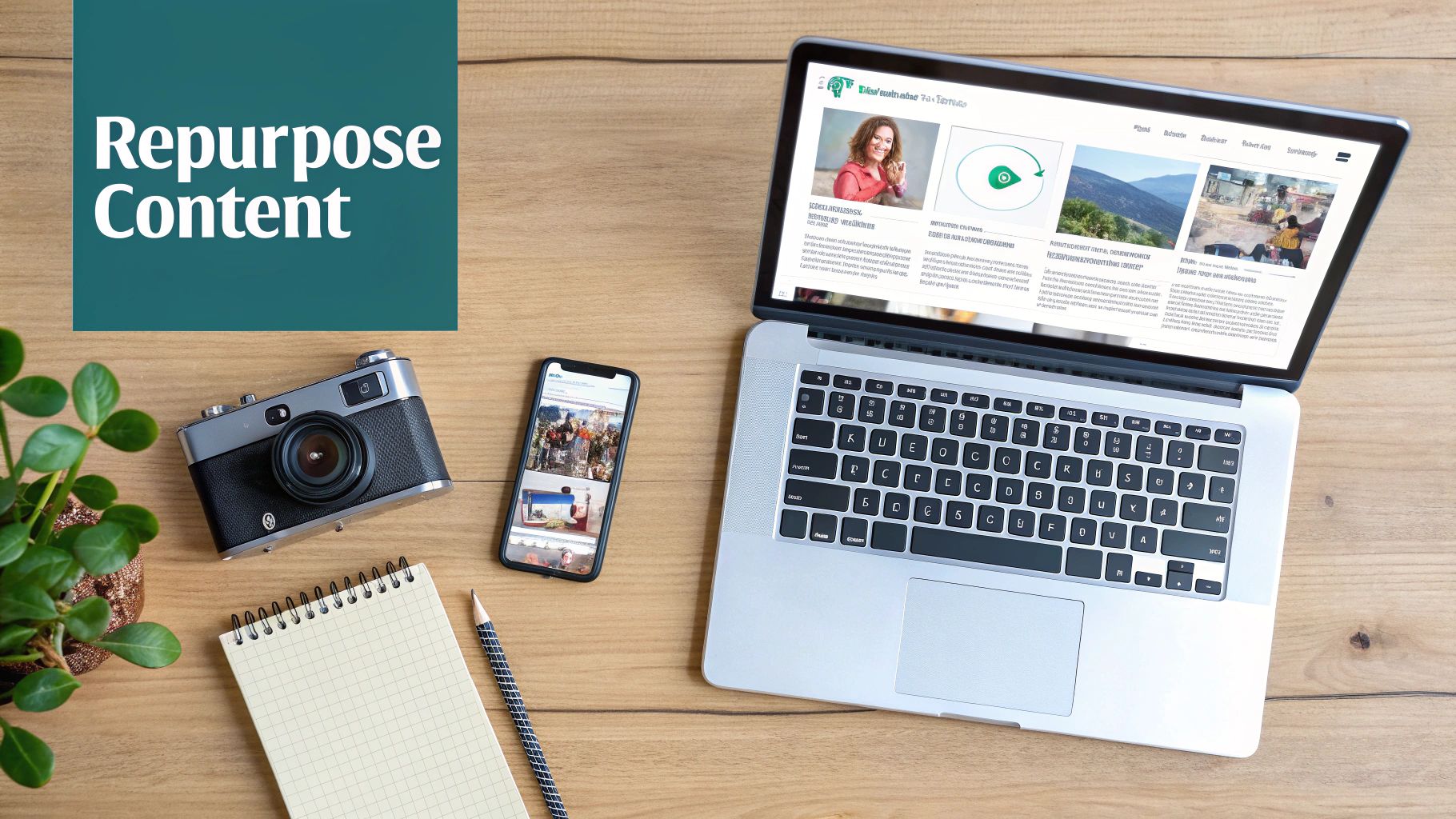 A flat lay of a creative workspace with laptop, smartphone, camera, notepad, and 'Repurpose Content' text.