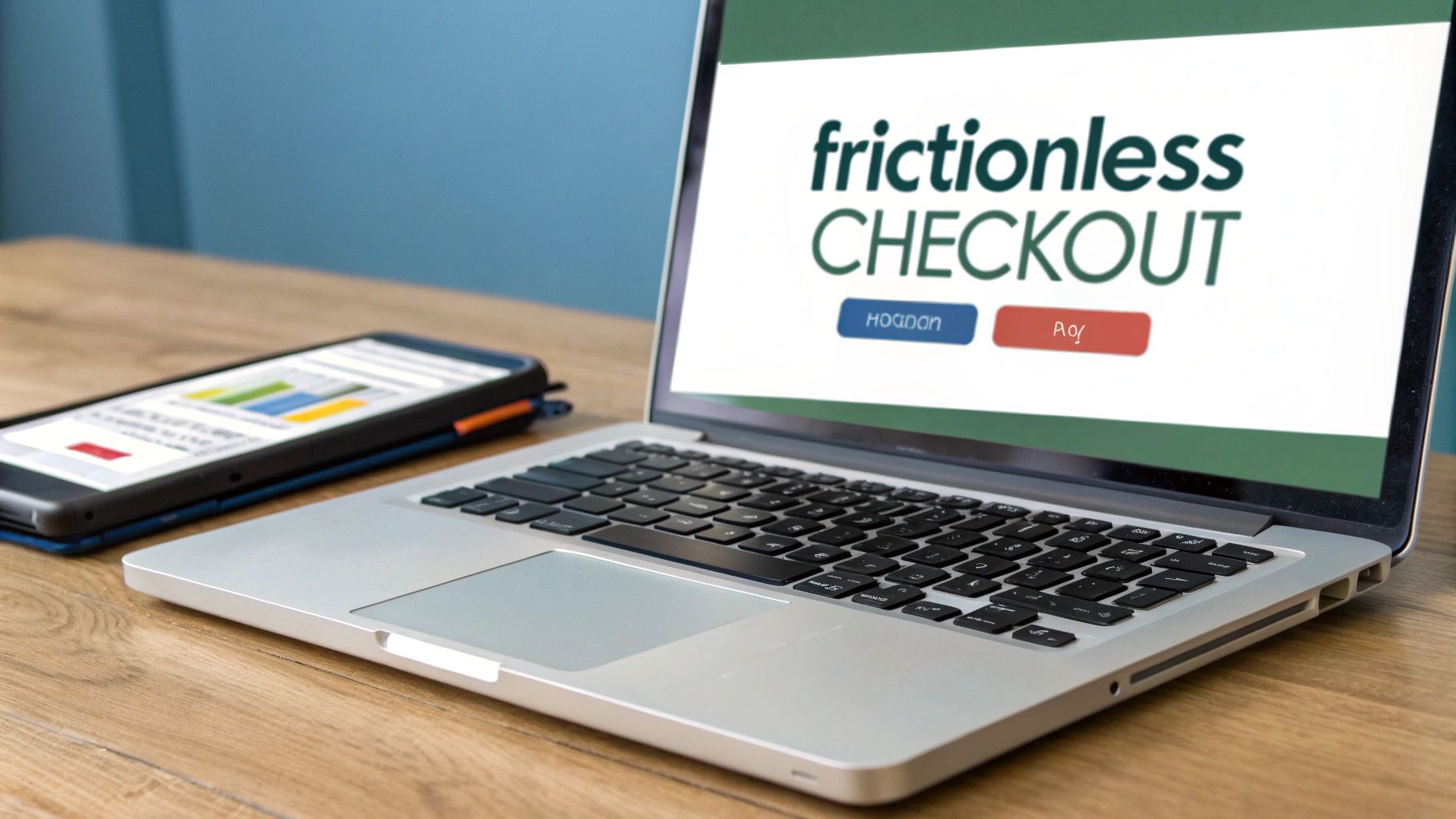 A laptop screen displaying 'frictionless CHECKOUT' next to a smartphone showing analytics charts on a wooden desk.