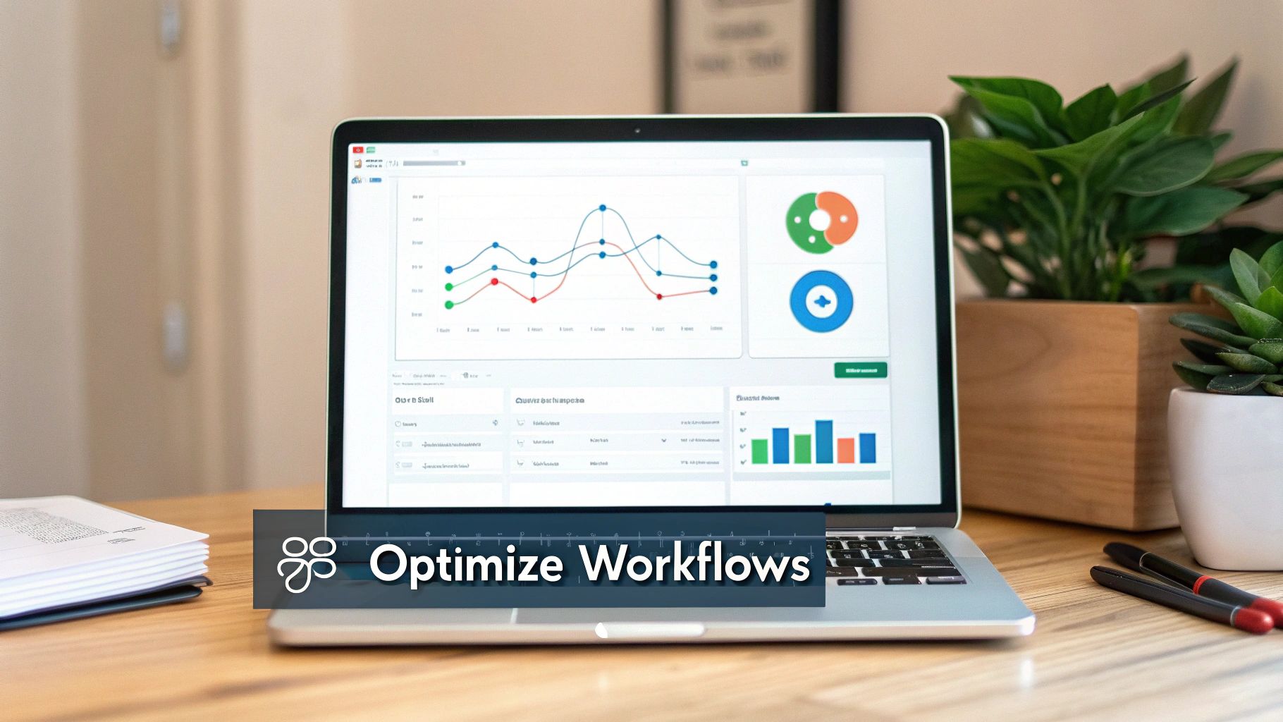 A laptop displays a data dashboard with graphs and charts, along with the text 'Optimize Workflows' banner.
