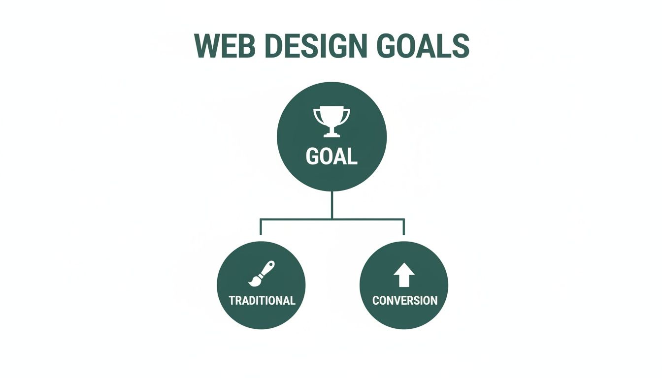 Diagram illustrating web design goals, branching into traditional and conversion objectives.