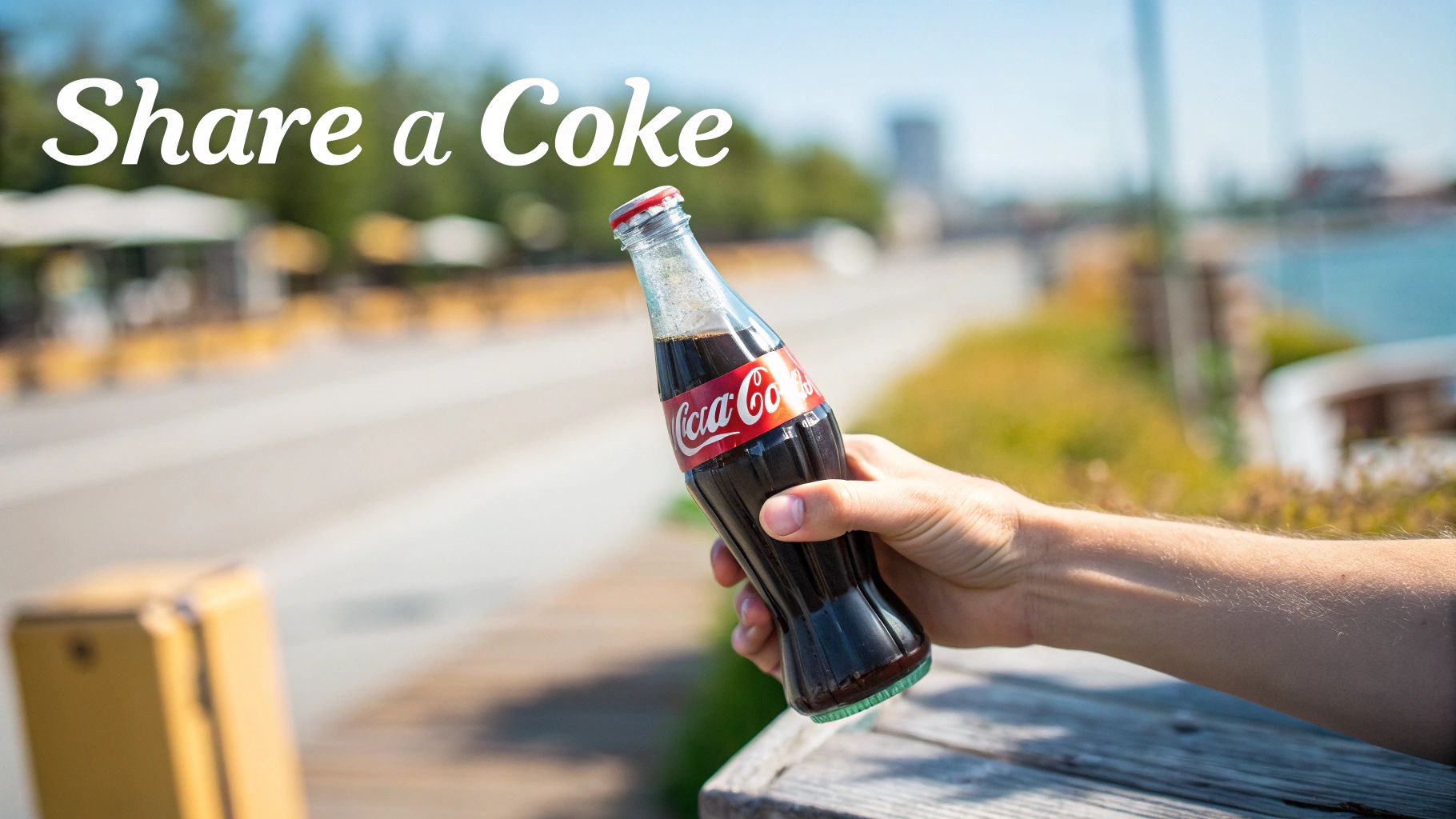 A hand holds a classic Coca-Cola bottle with the “Share a Coke” campaign text overlayed.