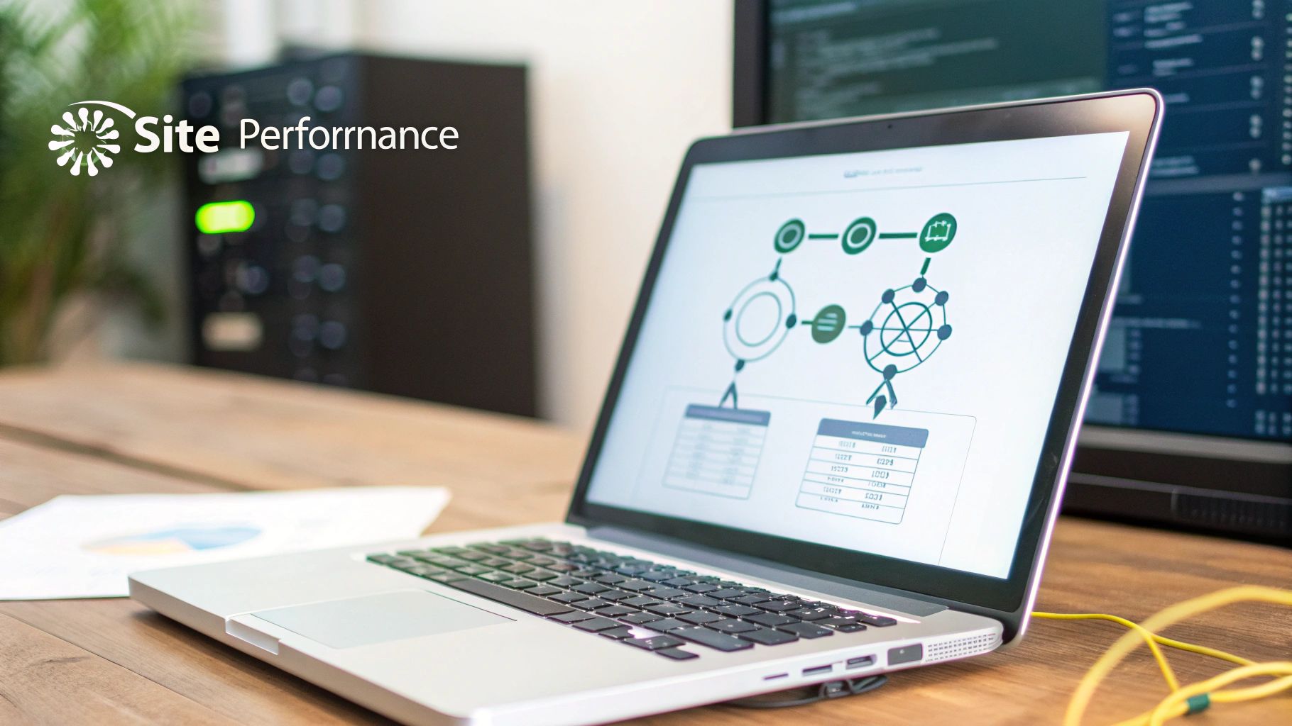 A laptop displaying a site performance graph with a server rack in the background and 'Site Performance' logo.