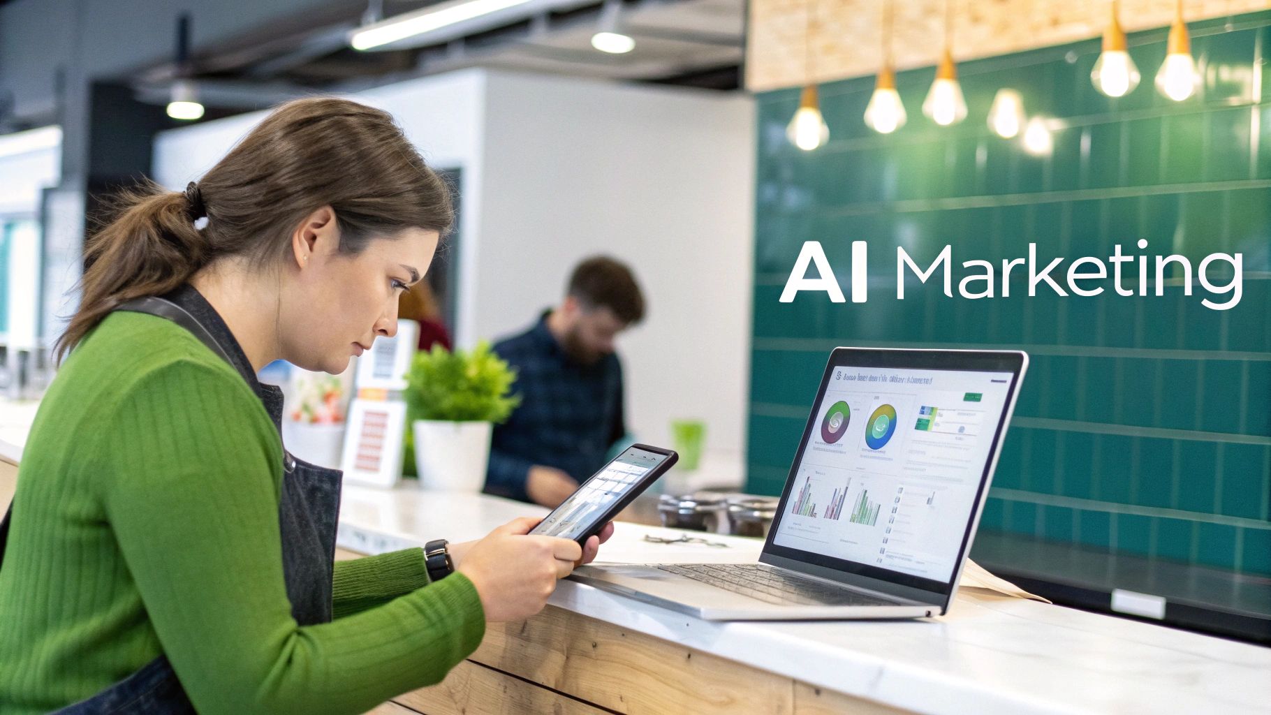A focused woman uses her smartphone and laptop showing data, with 'AI Marketing' displayed behind her.