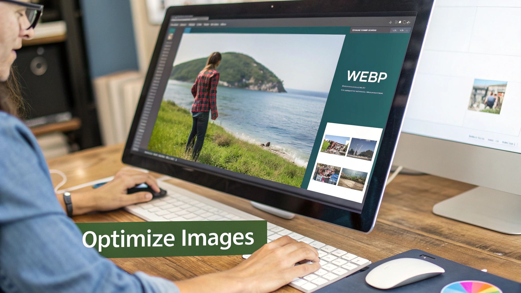 Person optimizing website images on a desktop computer, with 'WEBP' format and 'Optimize Images' text visible.