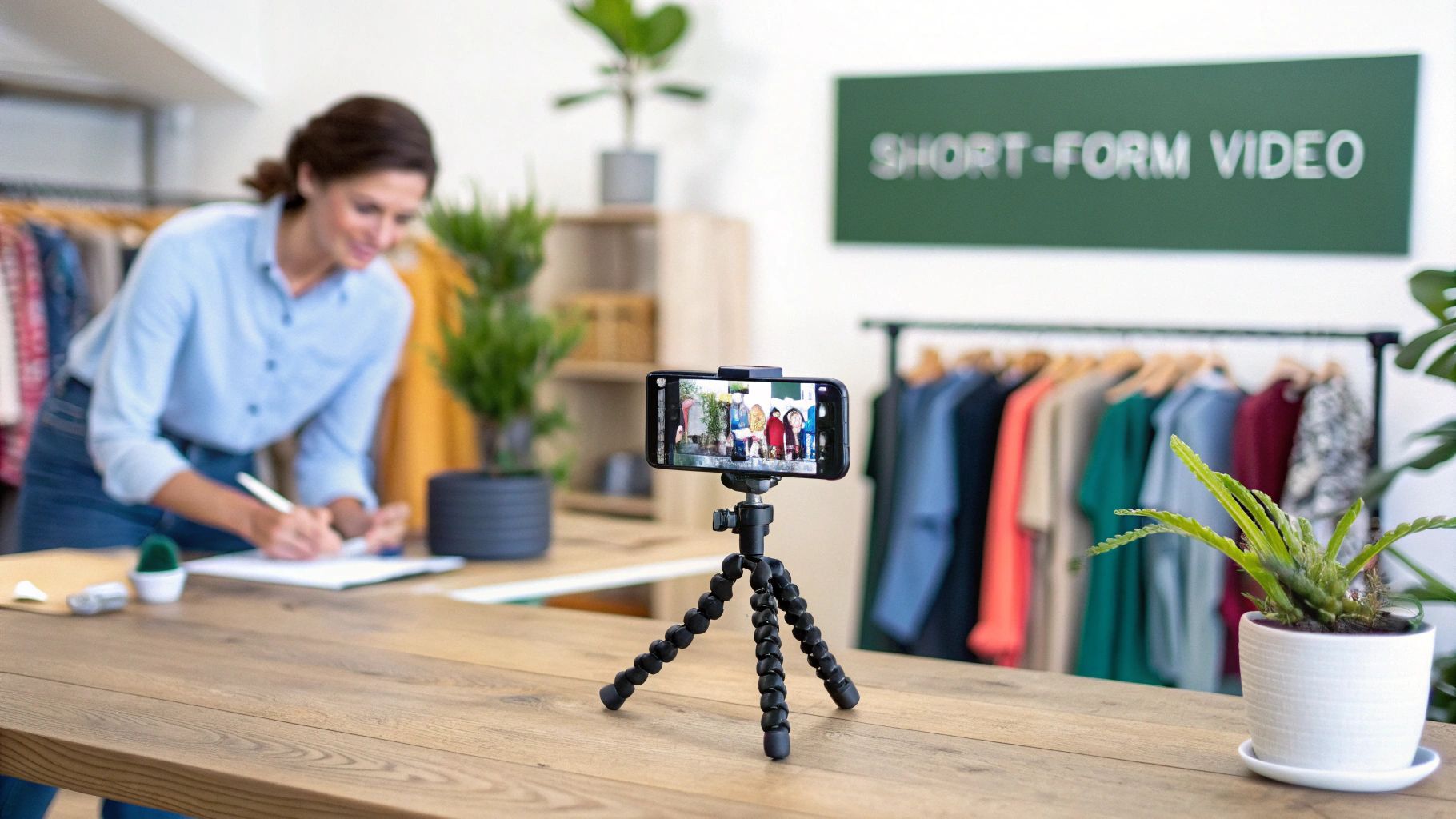 Woman signing document, smartphone on tripod recording video for short-form content creation.