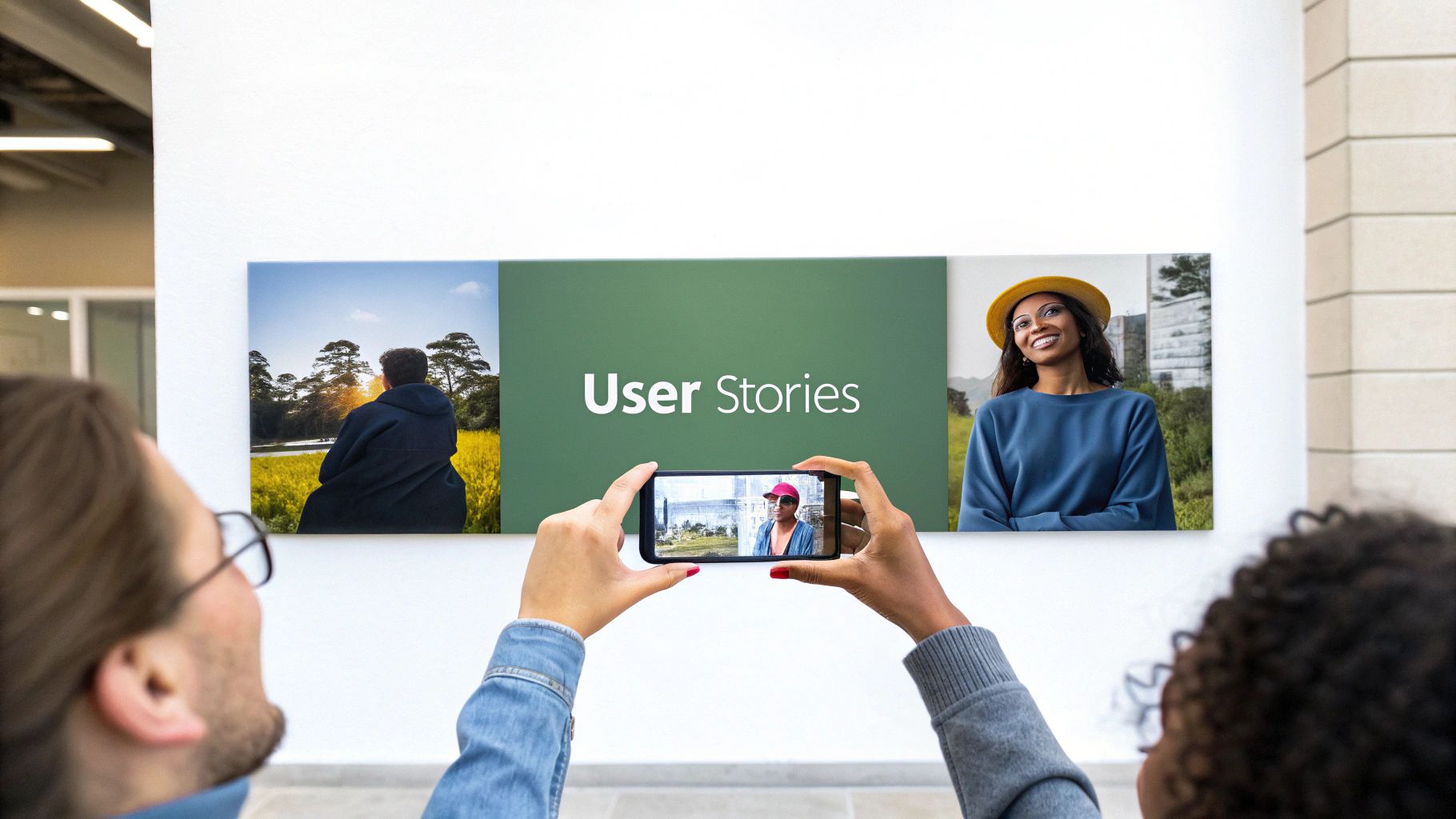Two people view a large wall display showing 'User Stories' and two portraits, one recording with a smartphone.