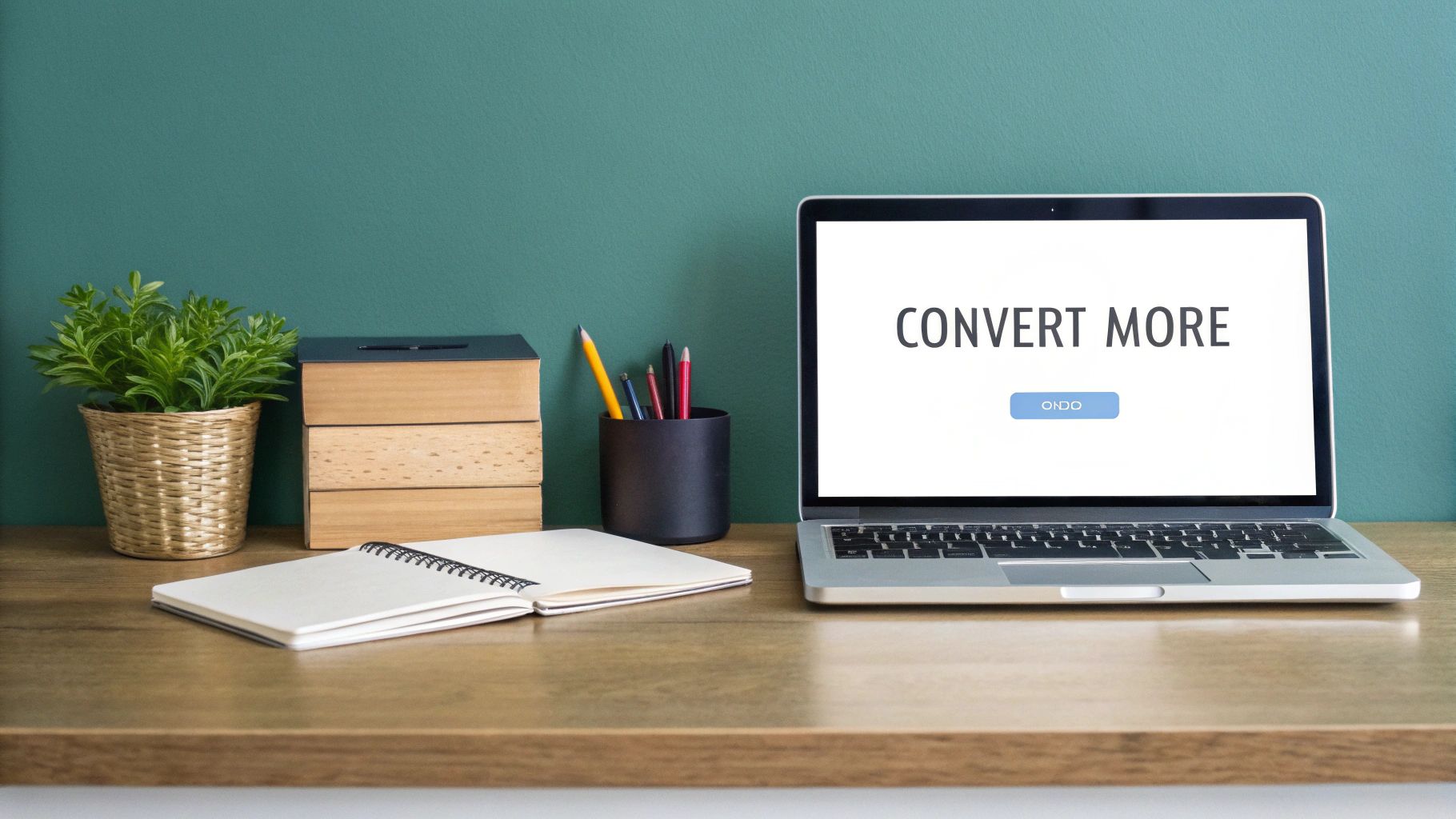 A tidy workspace with a laptop displaying 'Convert More', plant, books, and notebook.