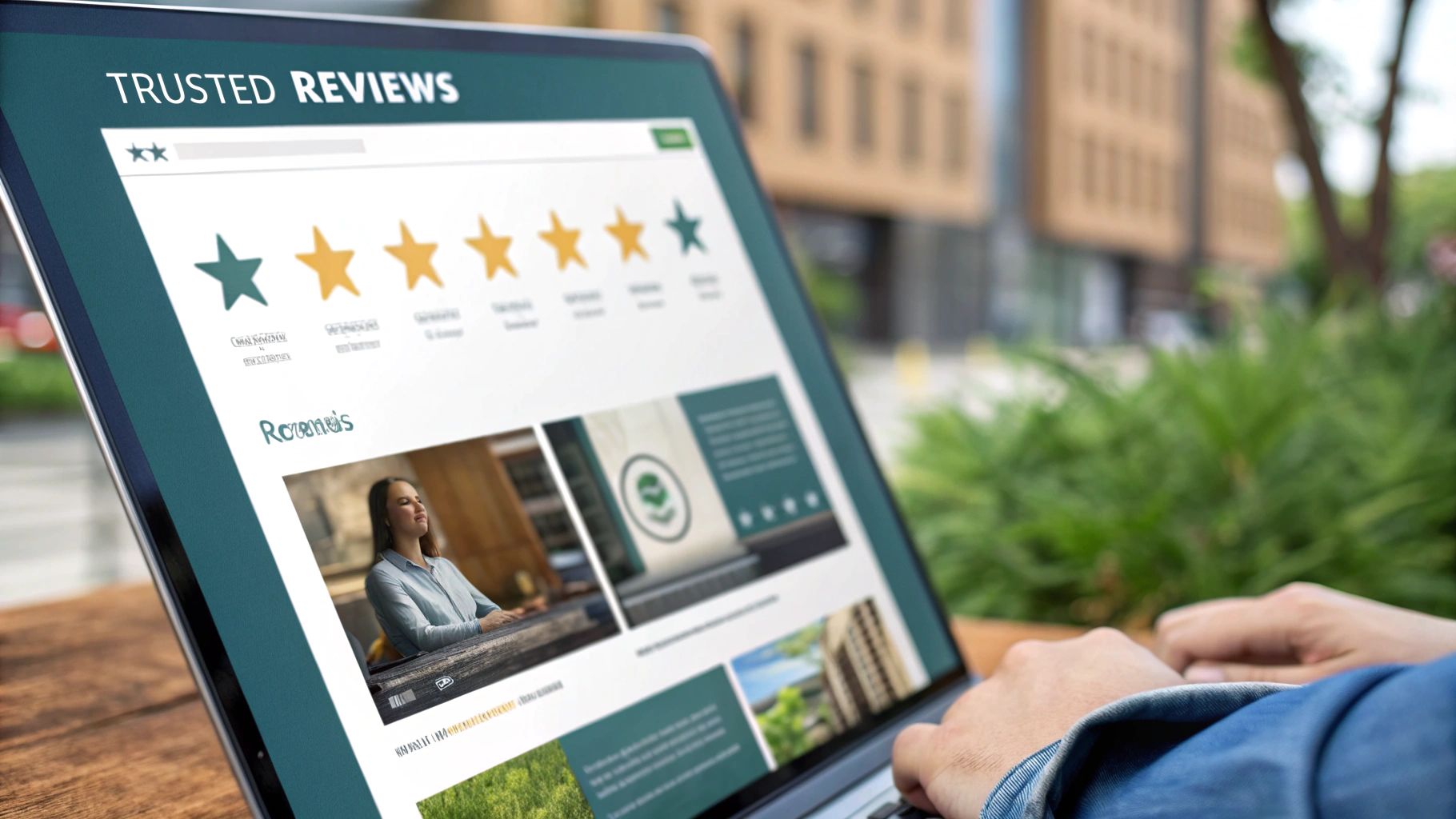 Person typing on a laptop displaying a website with 'TRUSTED REVIEWS' and star ratings, outdoors.