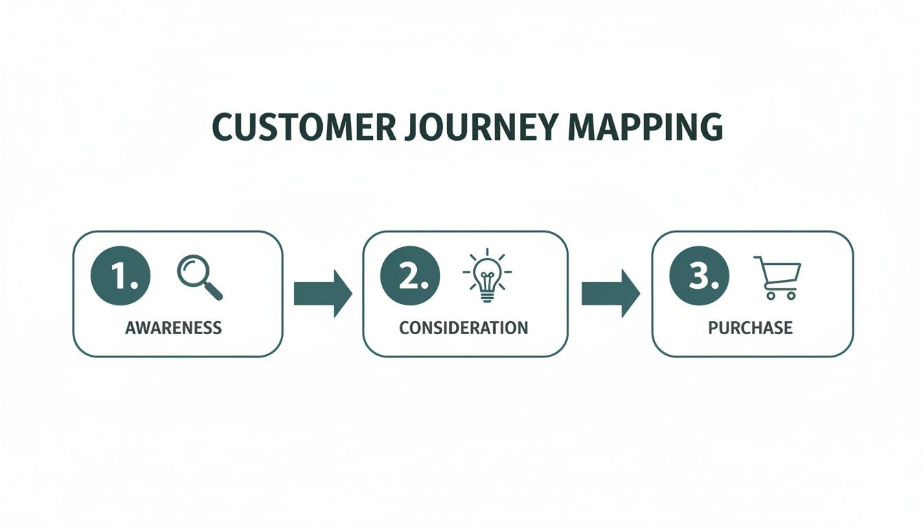 Diagram illustrating customer journey mapping with three stages: awareness, consideration, and purchase.