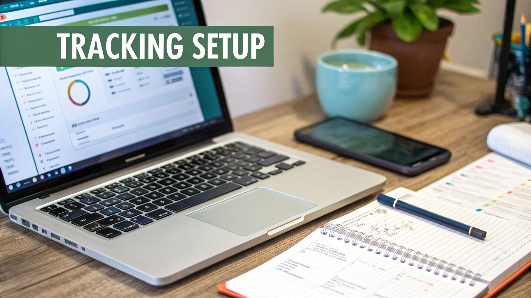 A laptop displaying charts, a smartphone, notebook, and pen on a desk with 'Tracking Setup' banner.