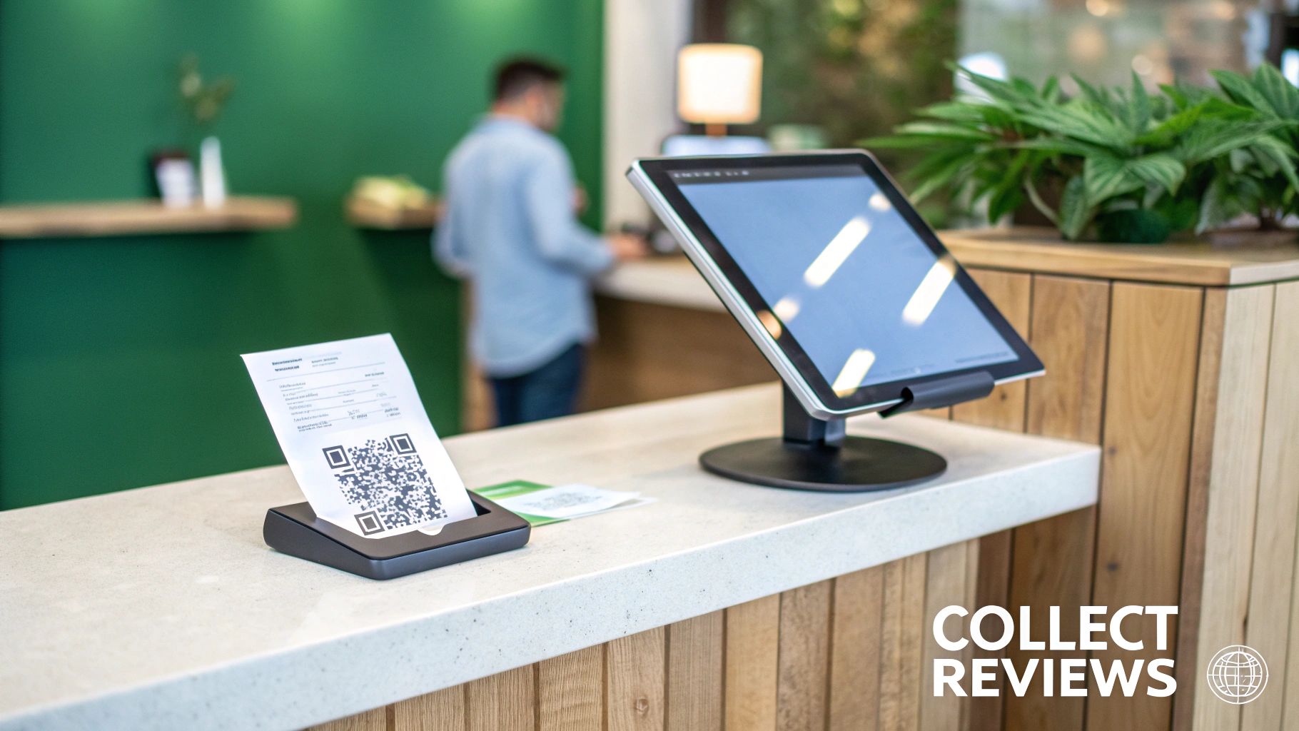 A modern reception counter with a customer review QR code stand and a digital tablet display.