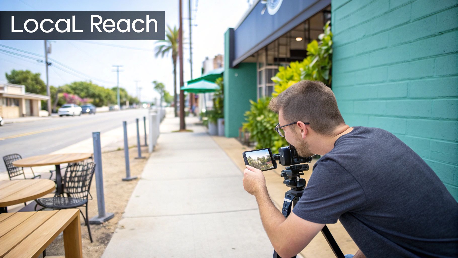 A man films an outdoor street scene with a camera on a tripod and a tablet monitor.