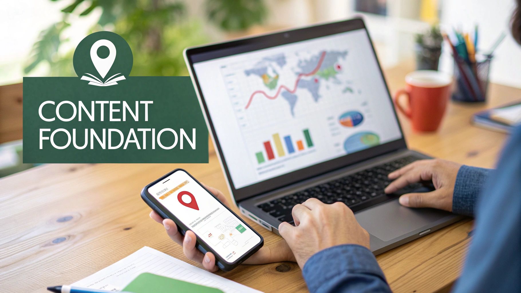 Person using laptop with data charts and a smartphone displaying a location pin, promoting 'Content Foundation'.