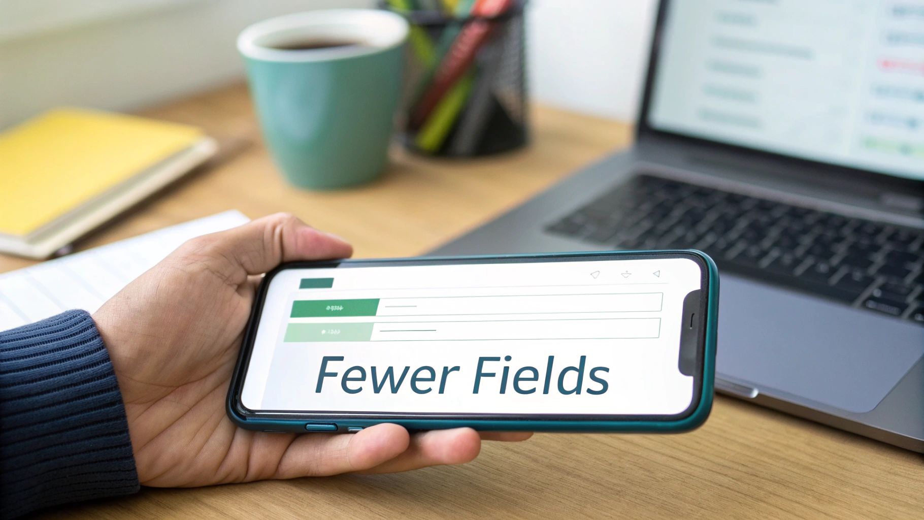 A person holds a smartphone displaying 'Fewer Fields' on its screen, with a laptop and coffee in the background.